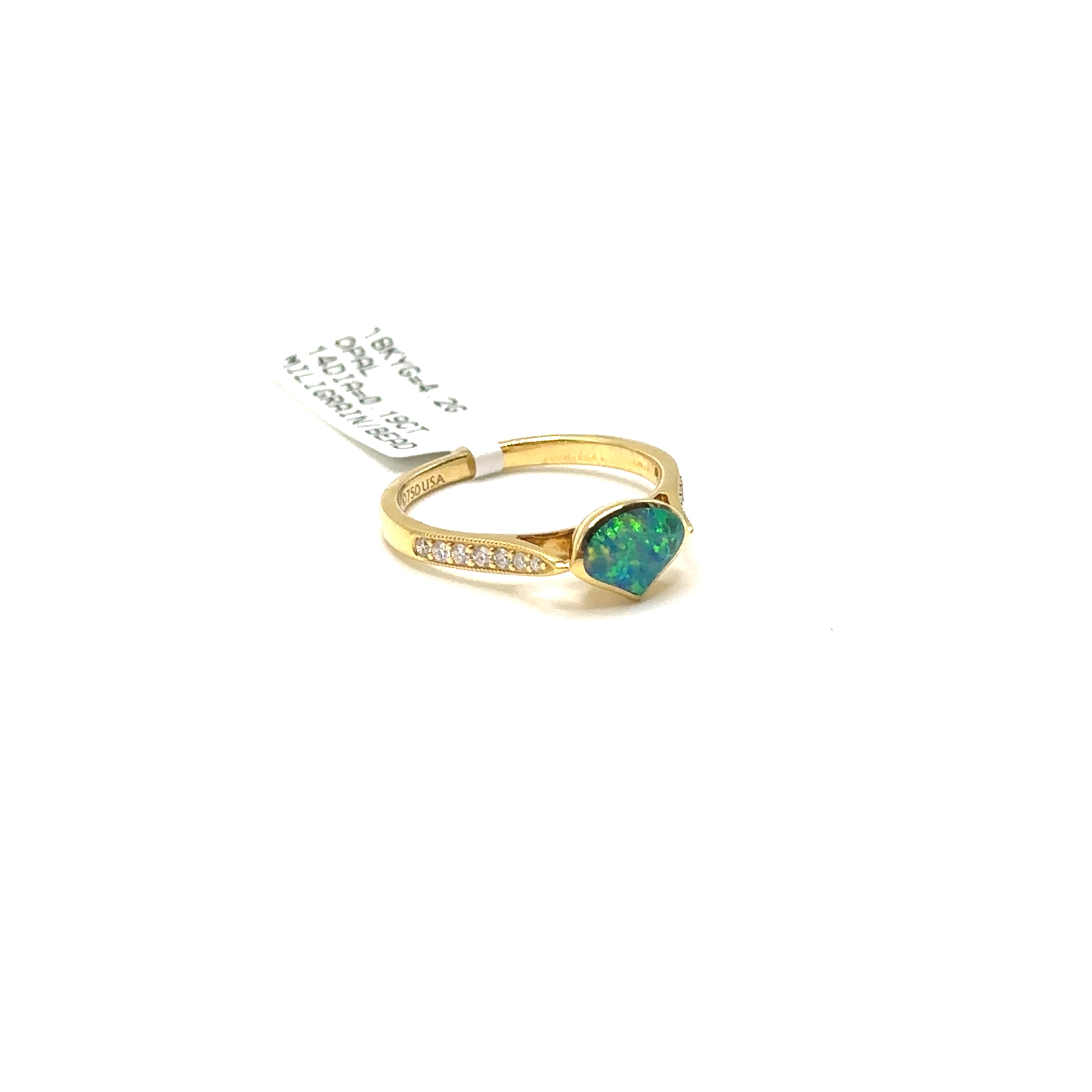 18K Yellow Gold Opal and Diamond Milgrain Ring
