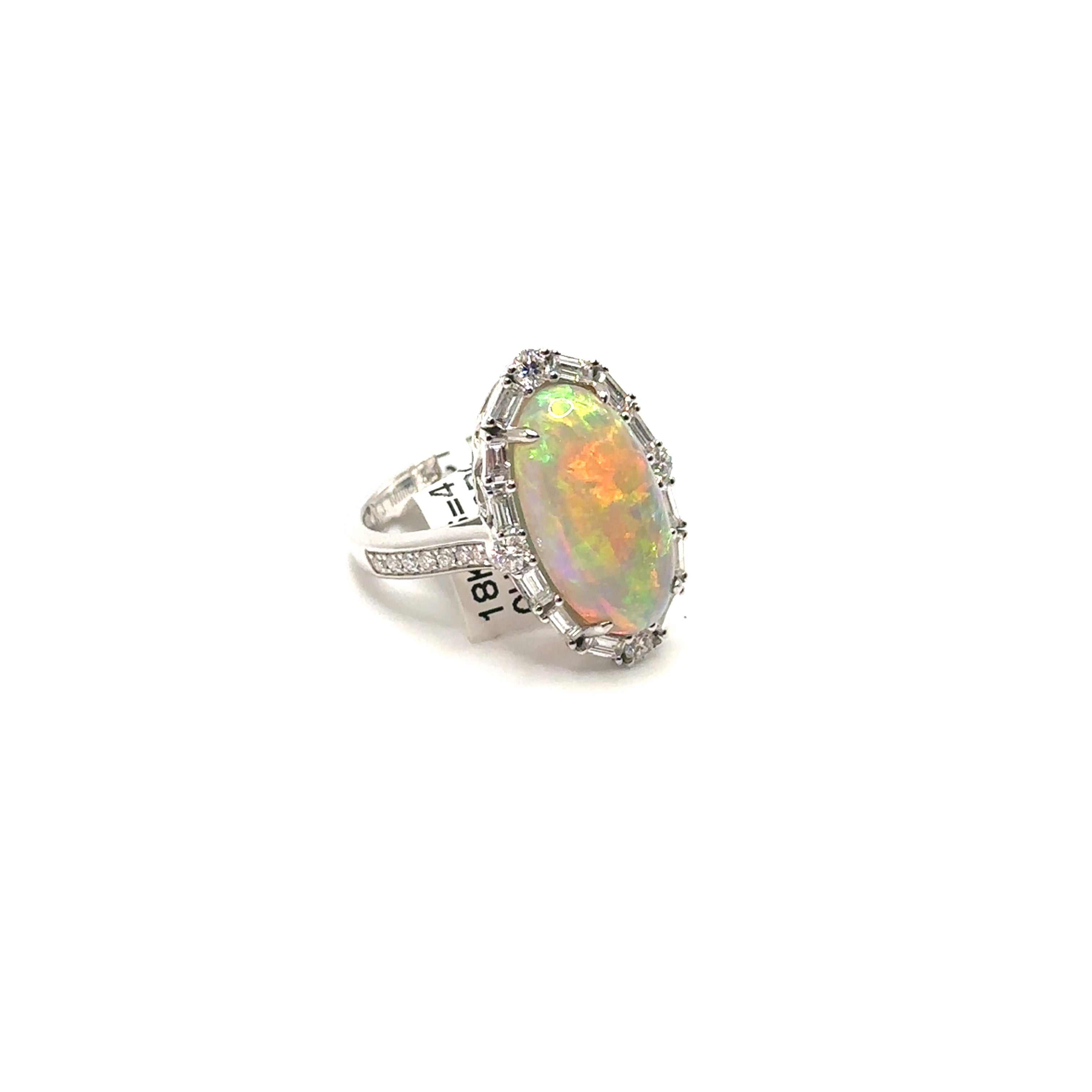 18K White Gold Oval White Opal and Diamond Ring