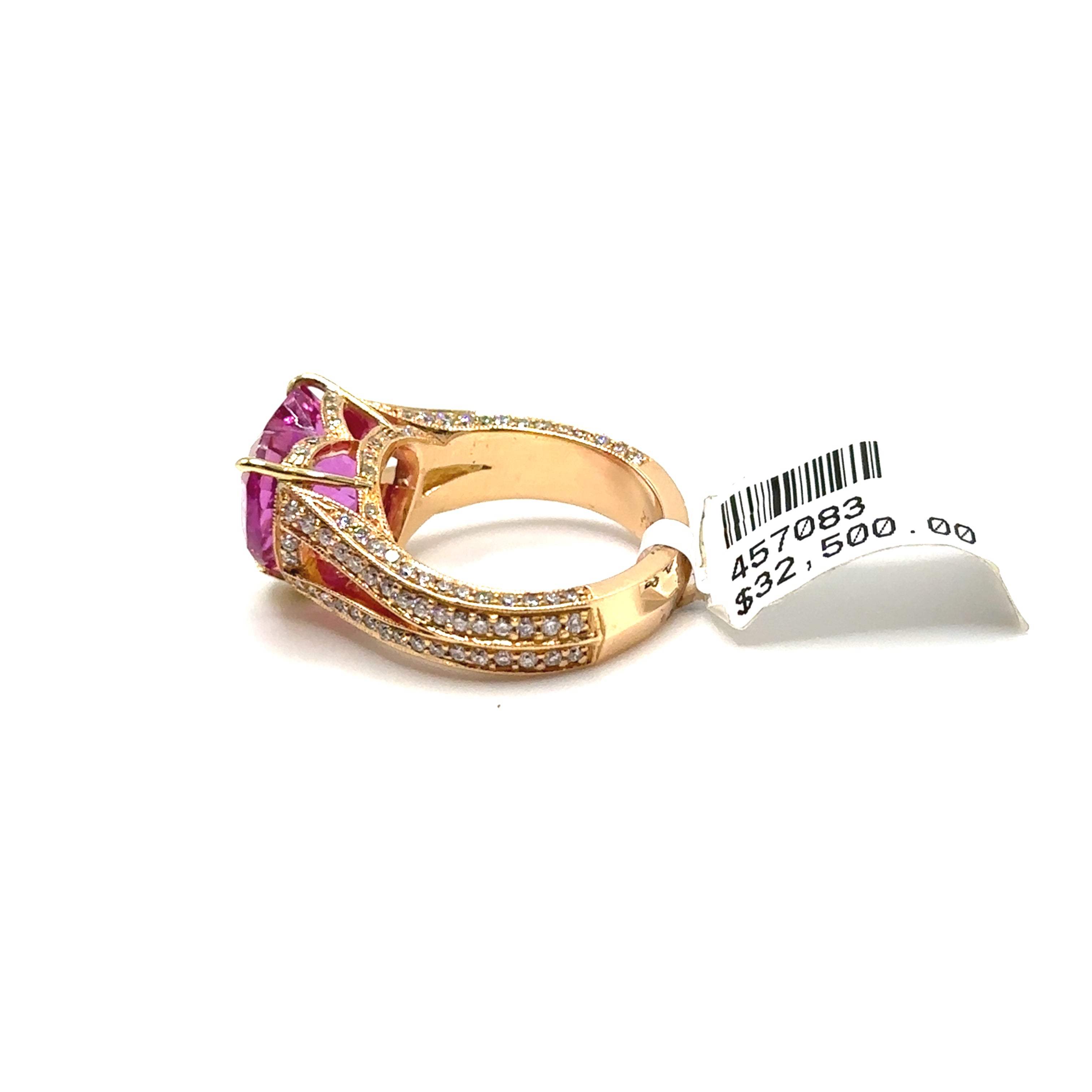 18K Yellow Gold 6.34CT Heart Shaped Pink Sapphire and Diamond Ring