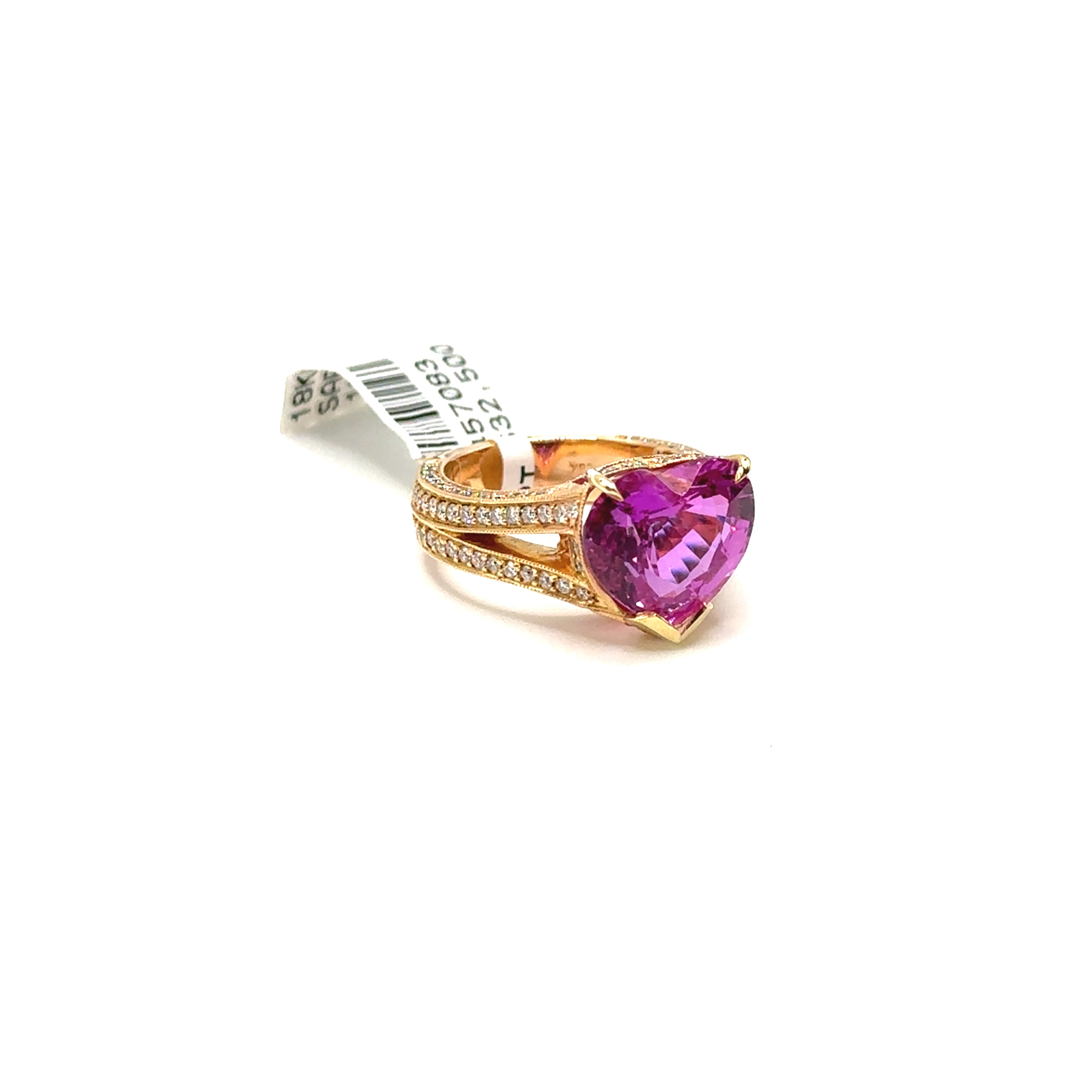 18K Yellow Gold 6.34CT Heart Shaped Pink Sapphire and Diamond Ring