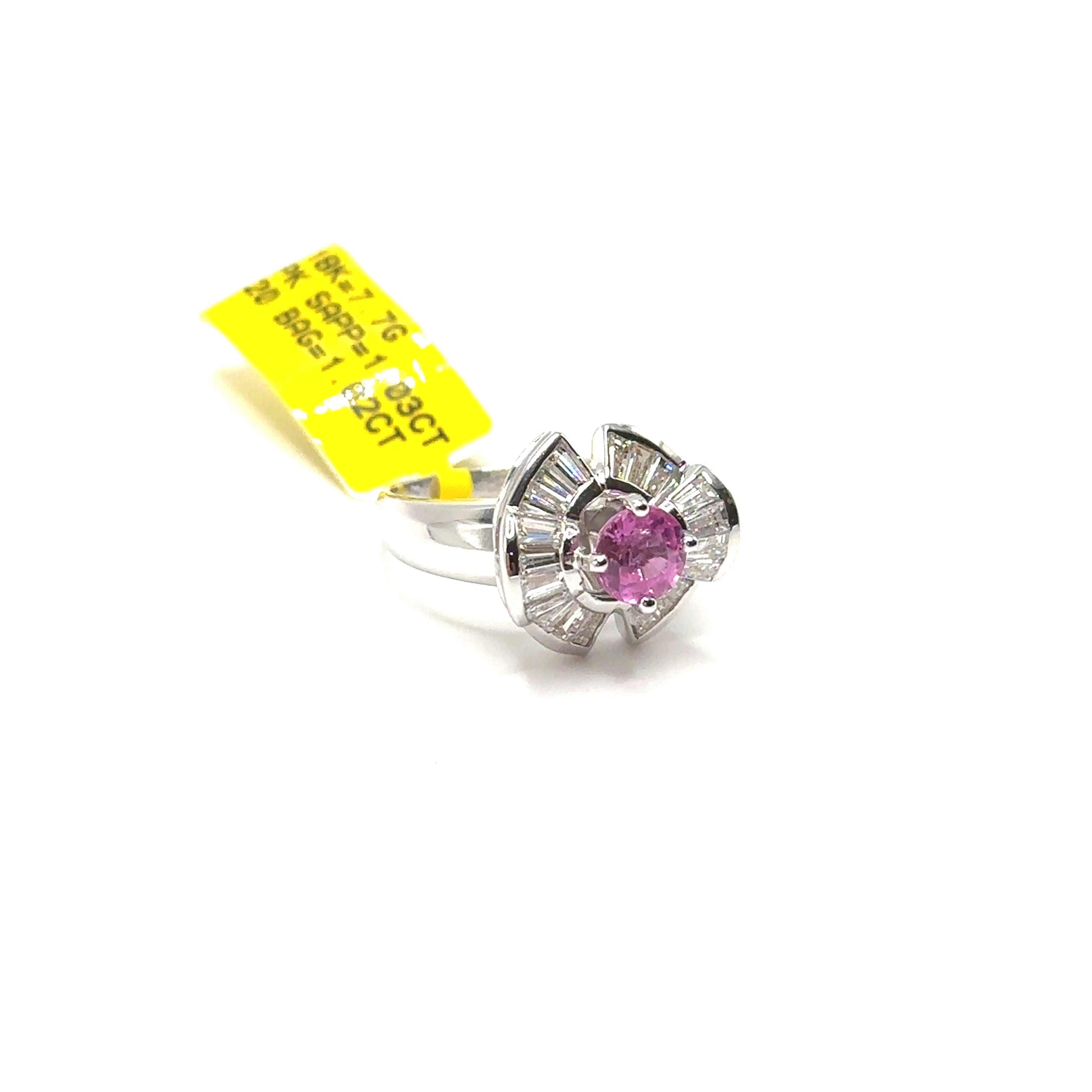 18K White Gold 1.03ct pink Sapphire and Baguette Diamond Ring
