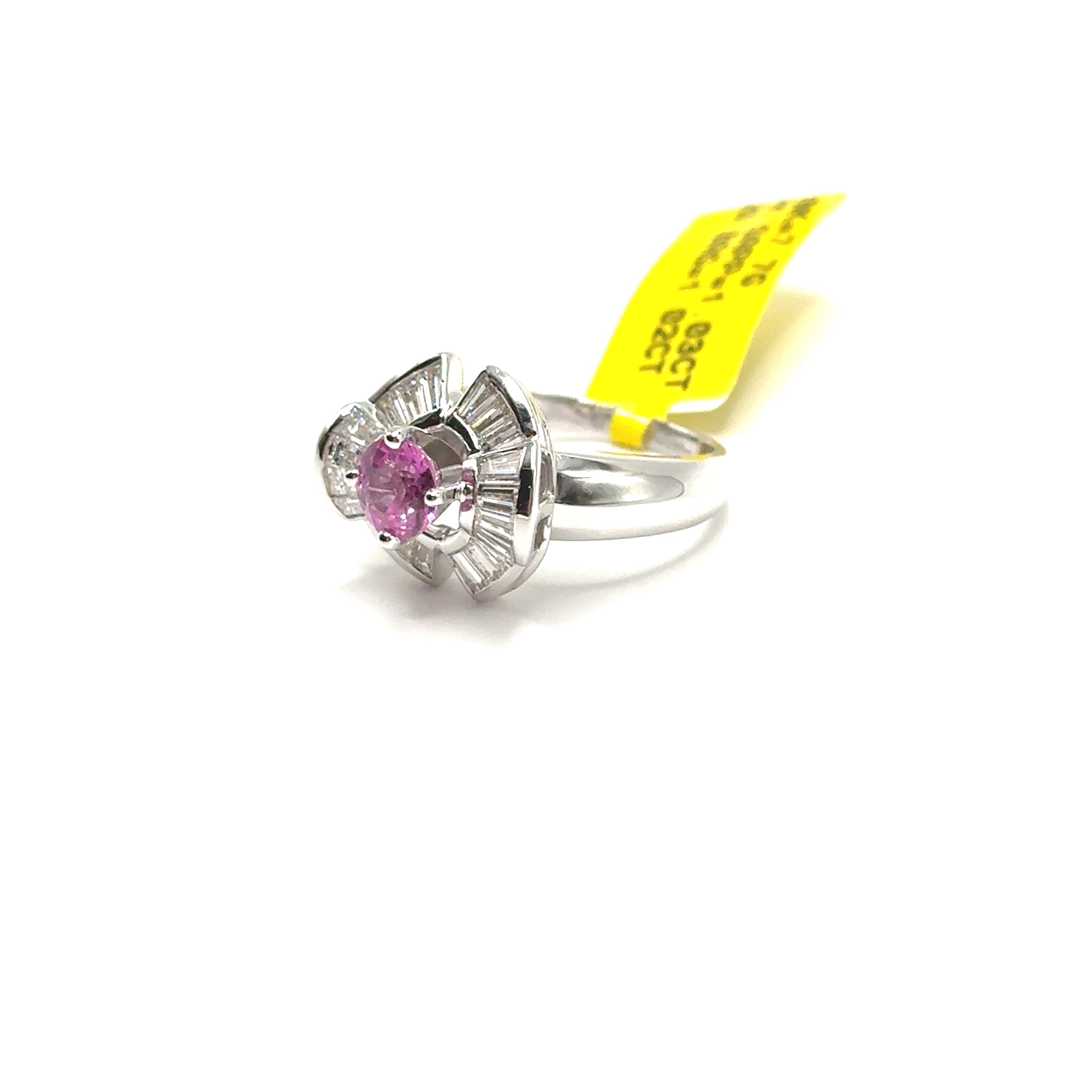 18K White Gold 1.03ct pink Sapphire and Baguette Diamond Ring