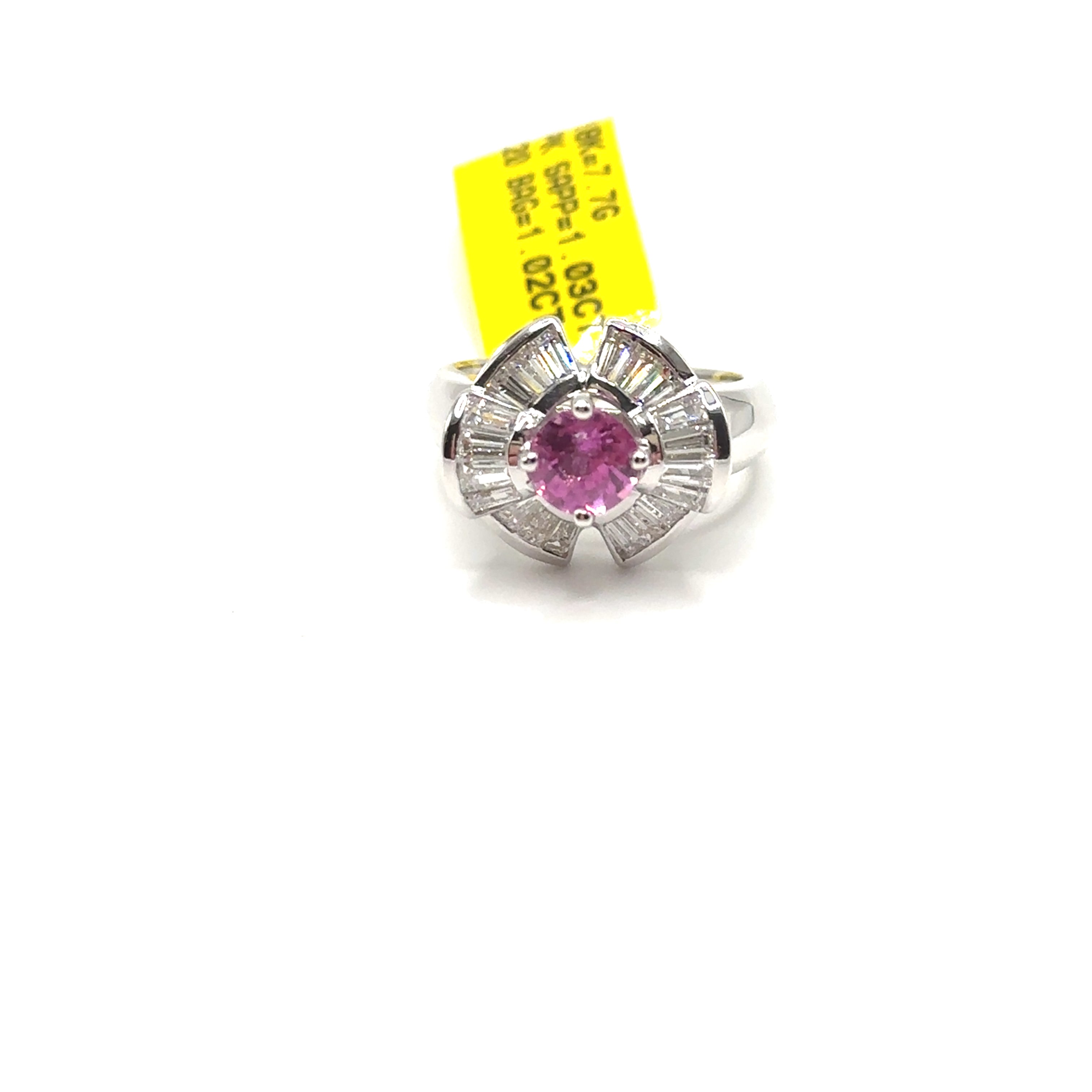18K White Gold 1.03ct pink Sapphire and Baguette Diamond Ring
