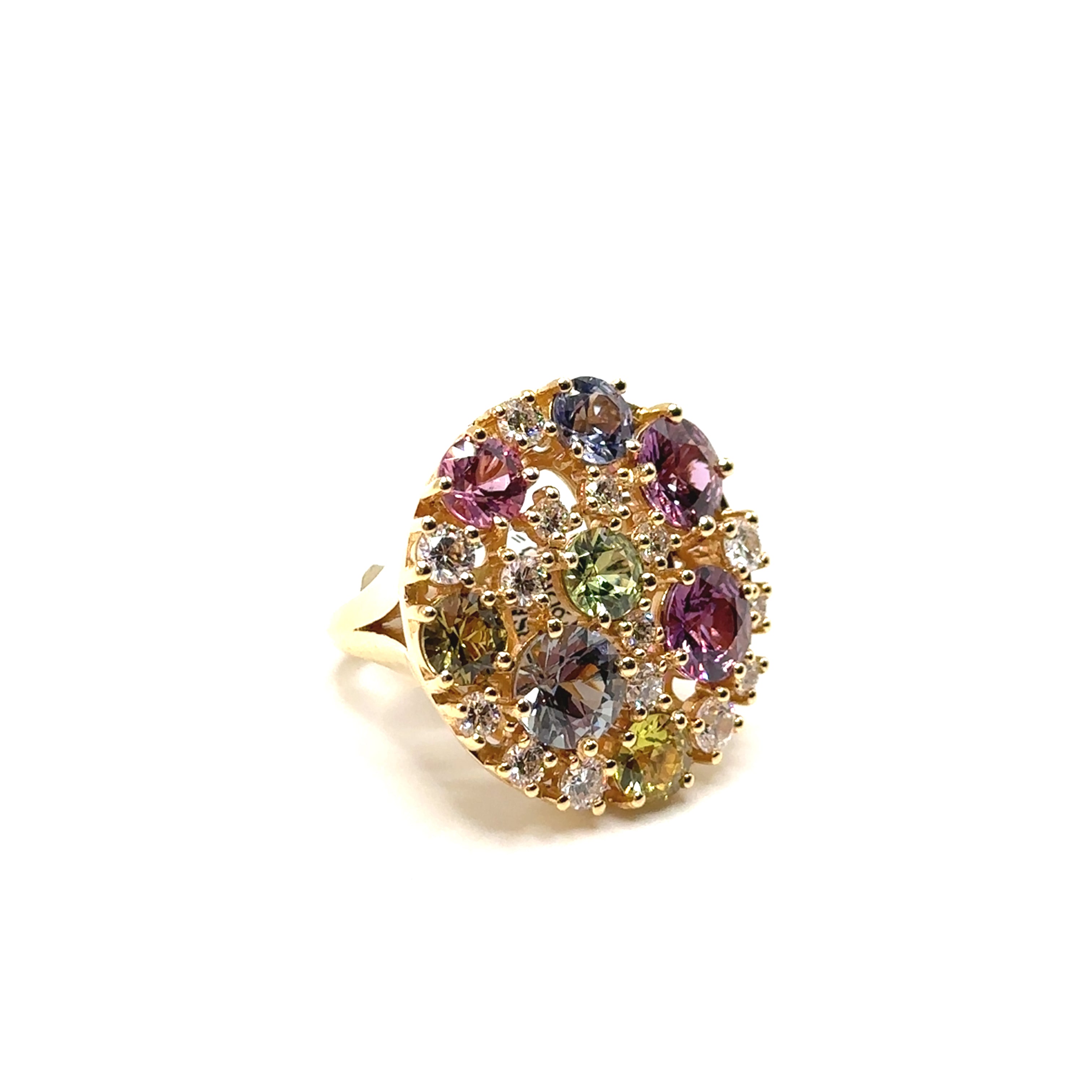 18K Yellow Gold Multi Colored Sapphire and Diamond Ring
