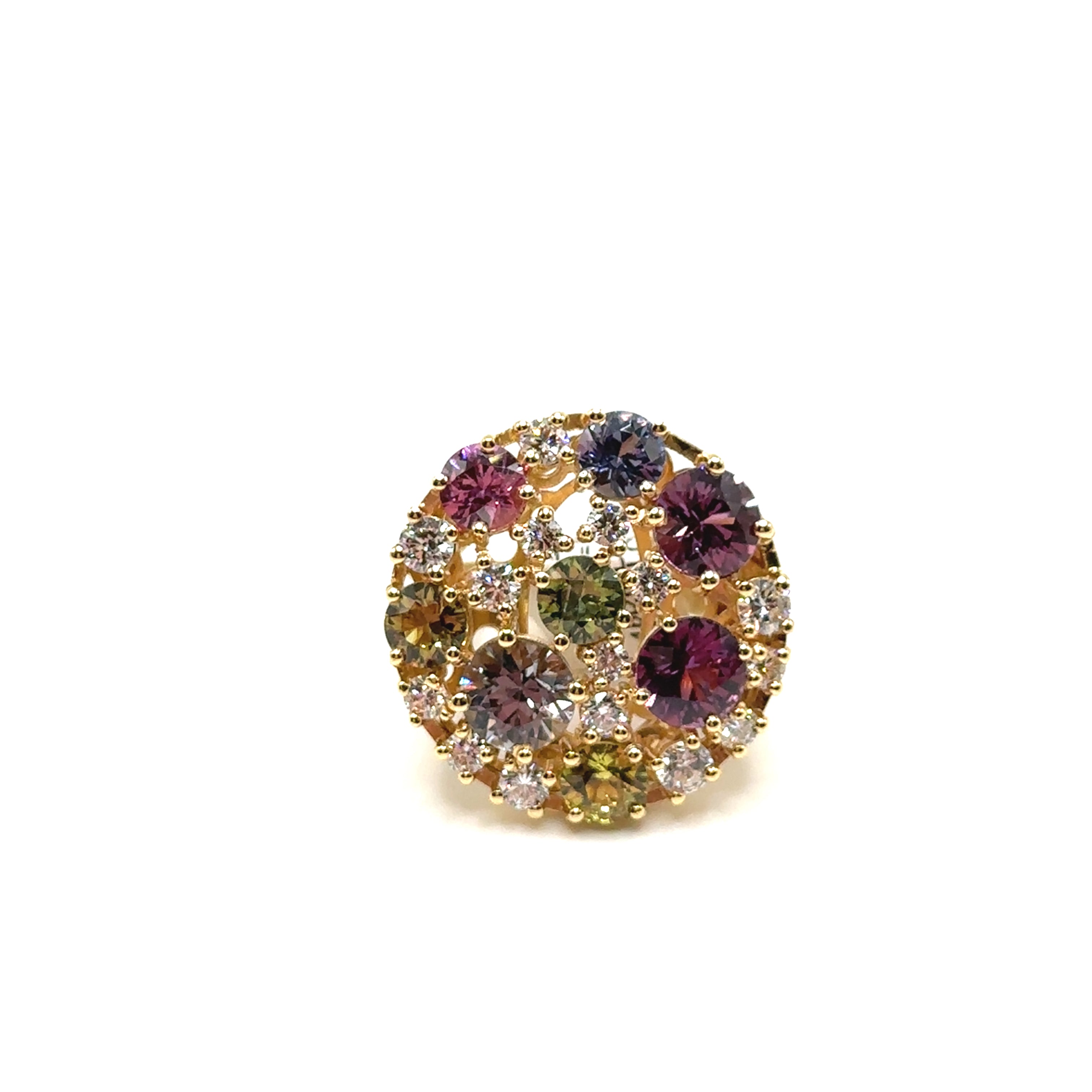 18K Yellow Gold Multi Colored Sapphire and Diamond Ring