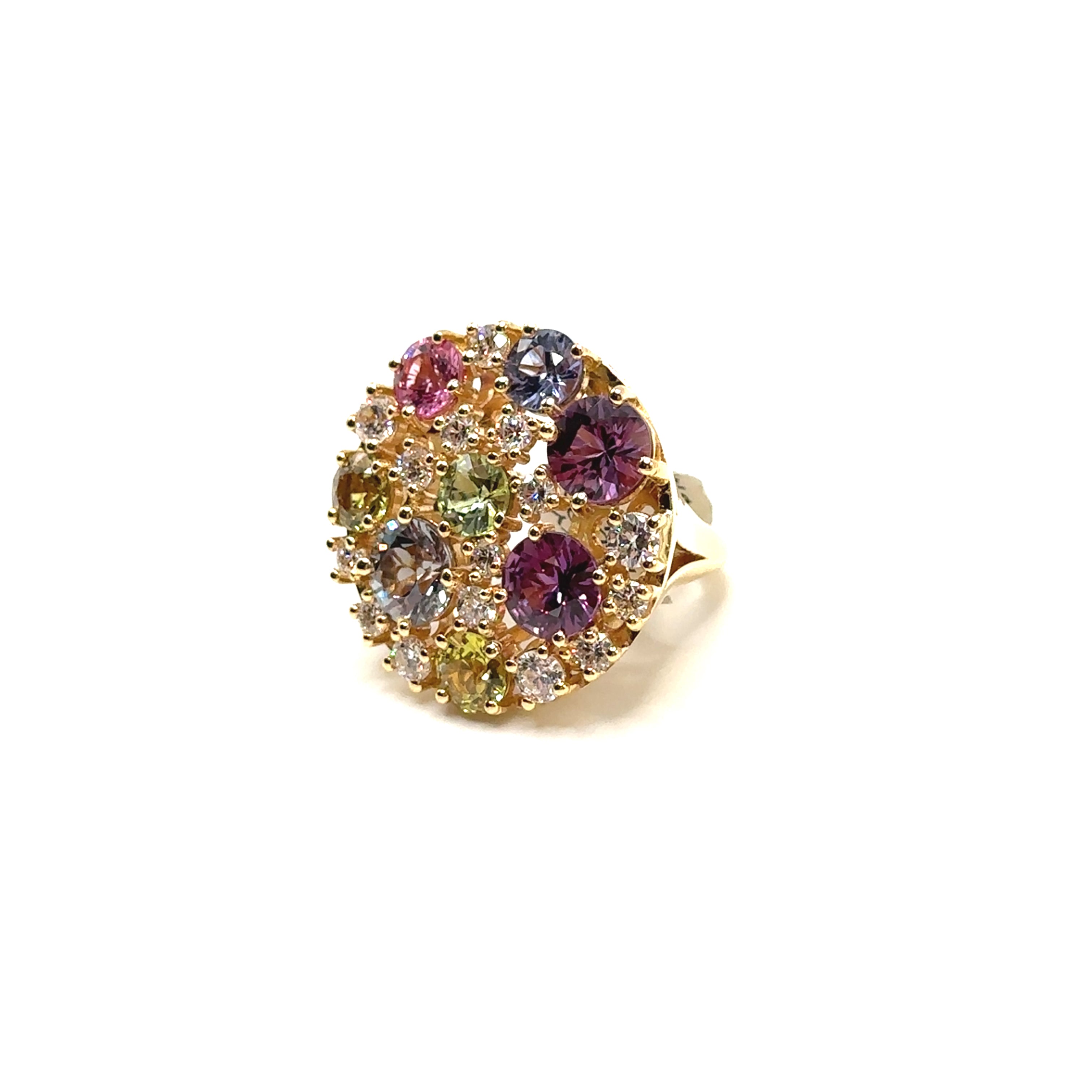 18K Yellow Gold Multi Colored Sapphire and Diamond Ring