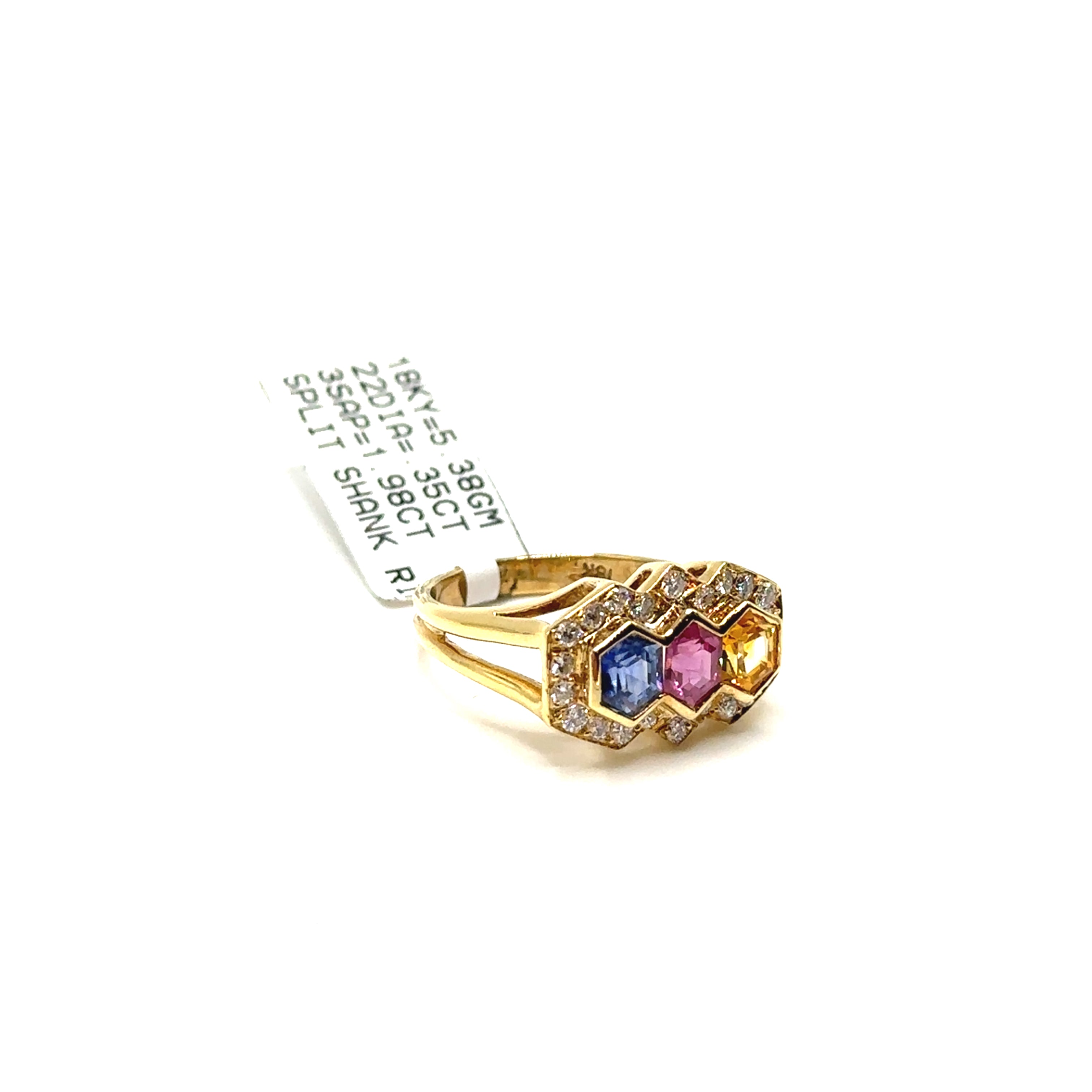 18K Yellow Gold Diamond and Sapphire Split Shank Ring