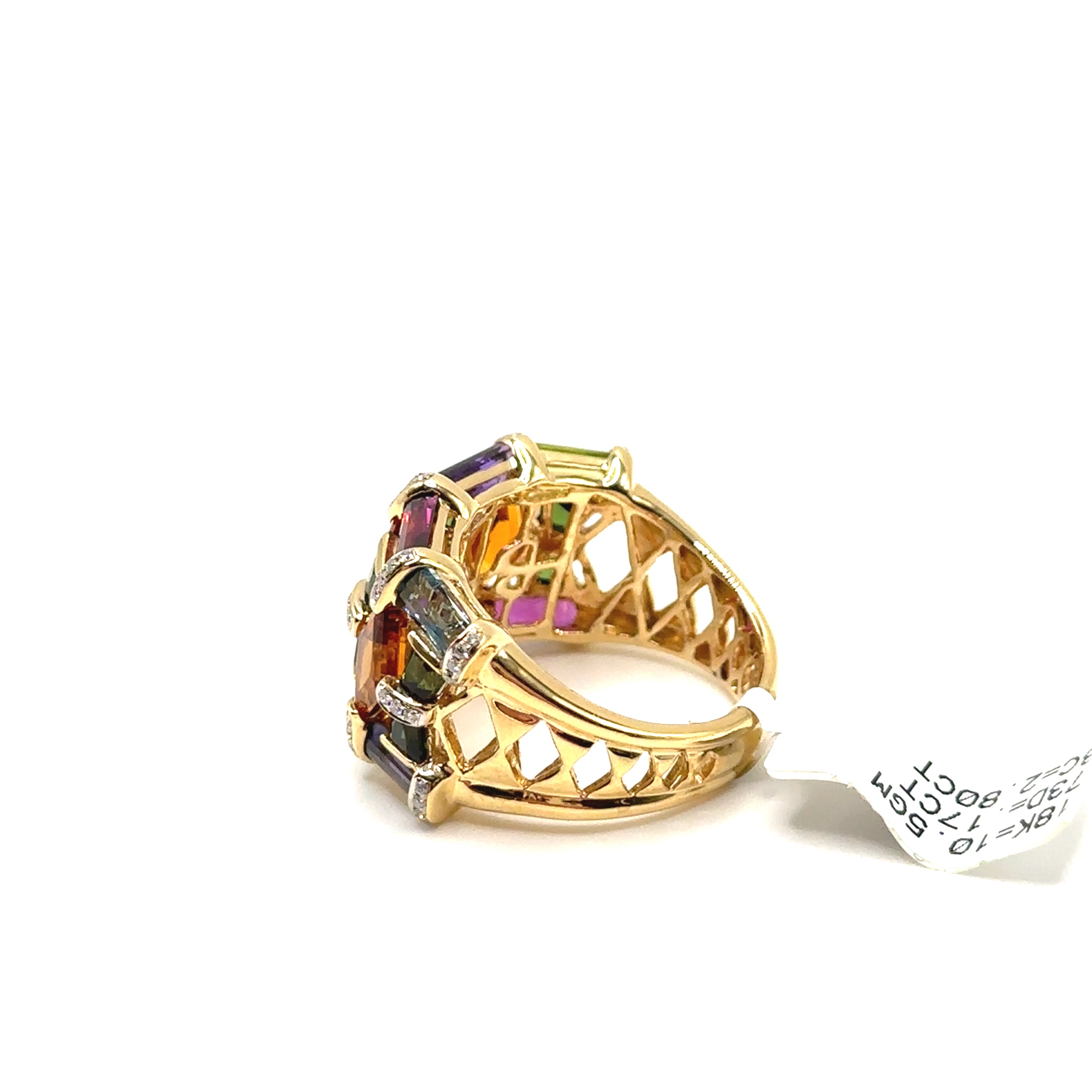 18K Yellow Gold Wide Multi Colored Ring With Diamonds