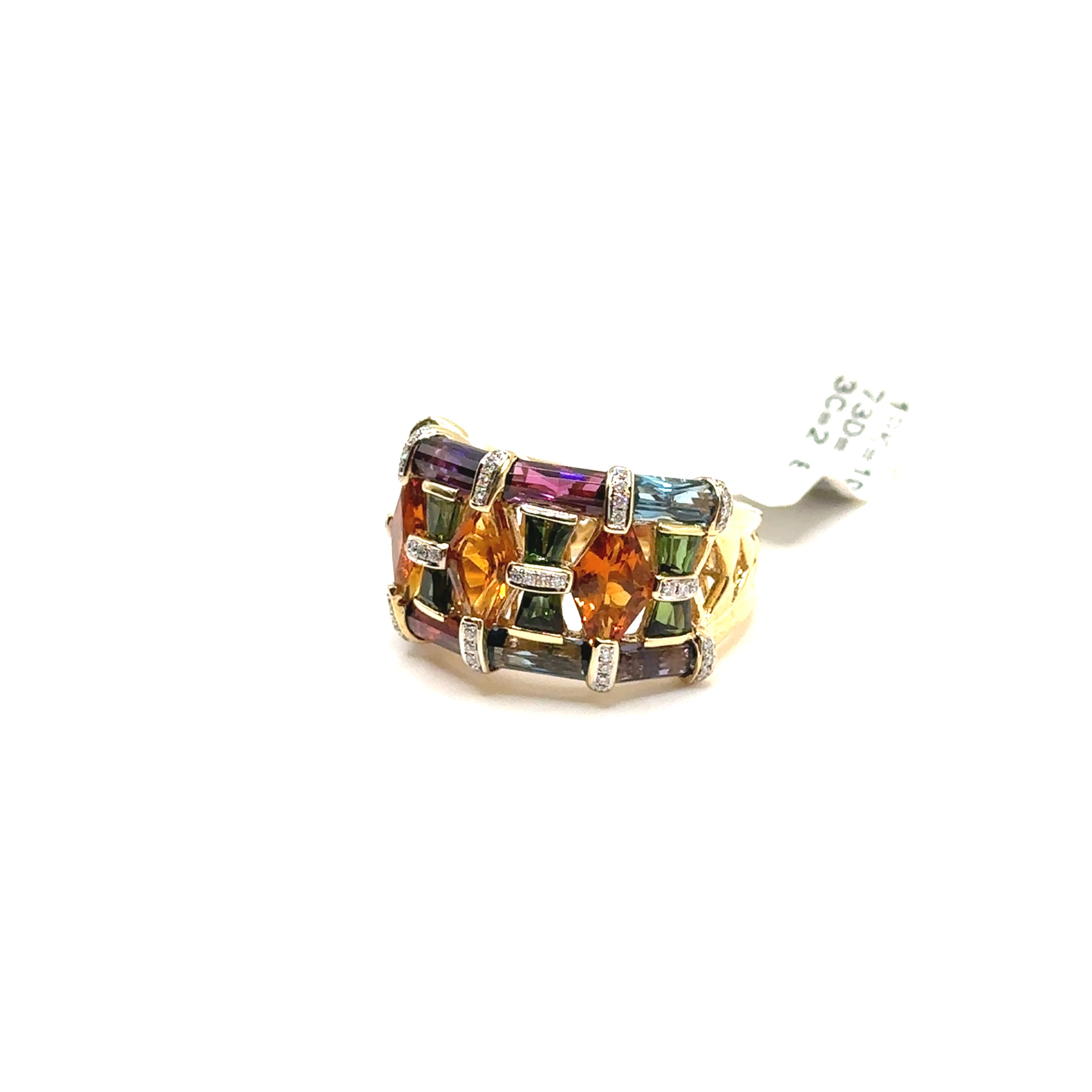 18K Yellow Gold Wide Multi Colored Ring With Diamonds