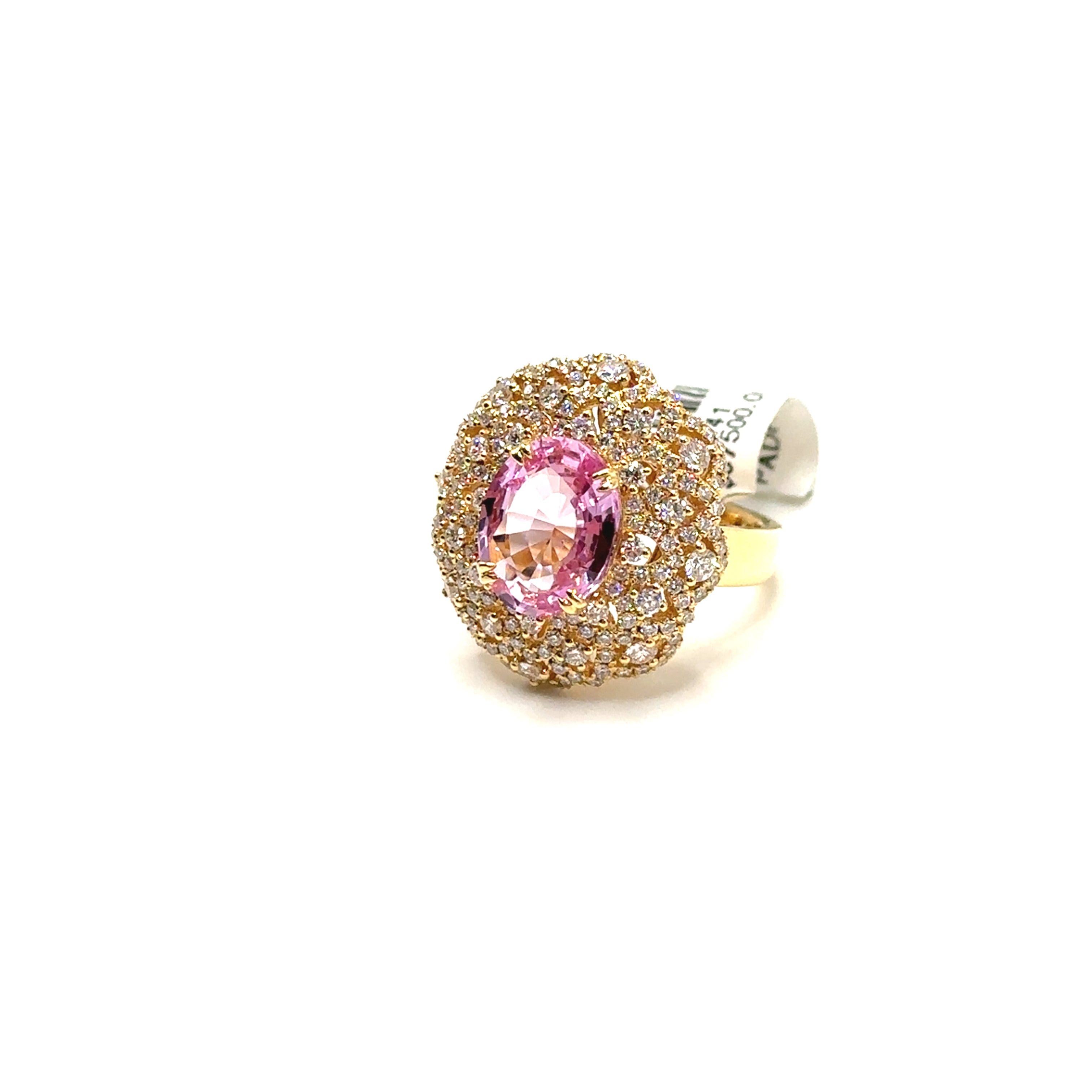 18K Yellow Gold 4.17CT Padparadscha Pink Sapphire and Diamond Ring