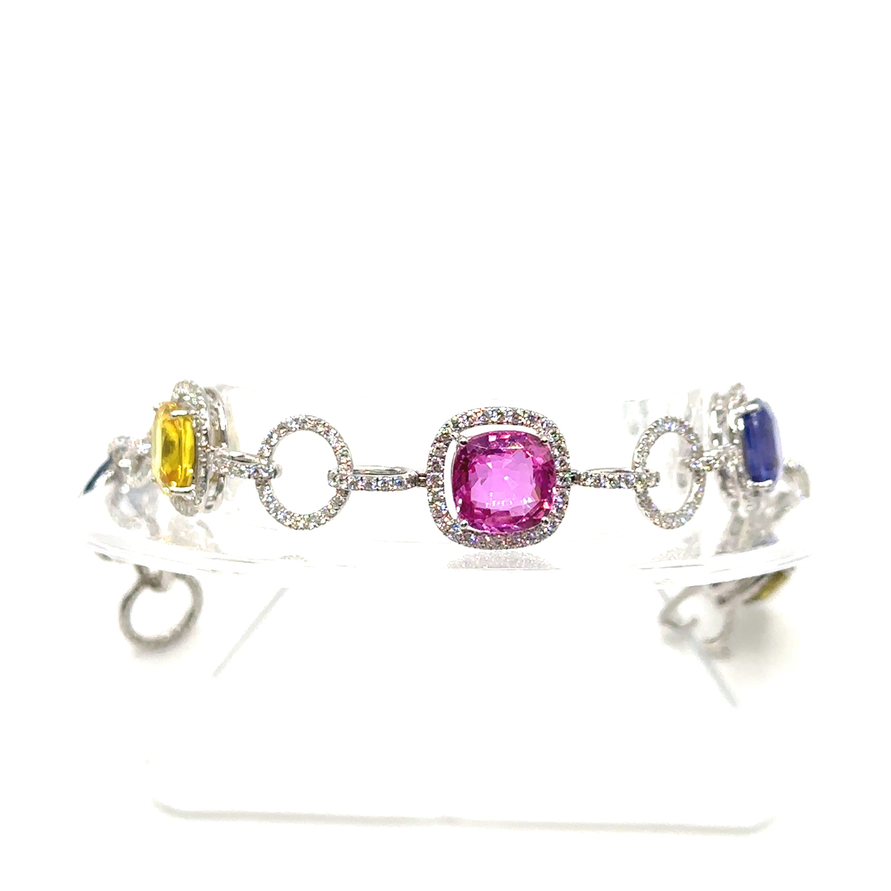 18K White Gold Cushion Cut Colored Sapphire and Diamond Bracelet