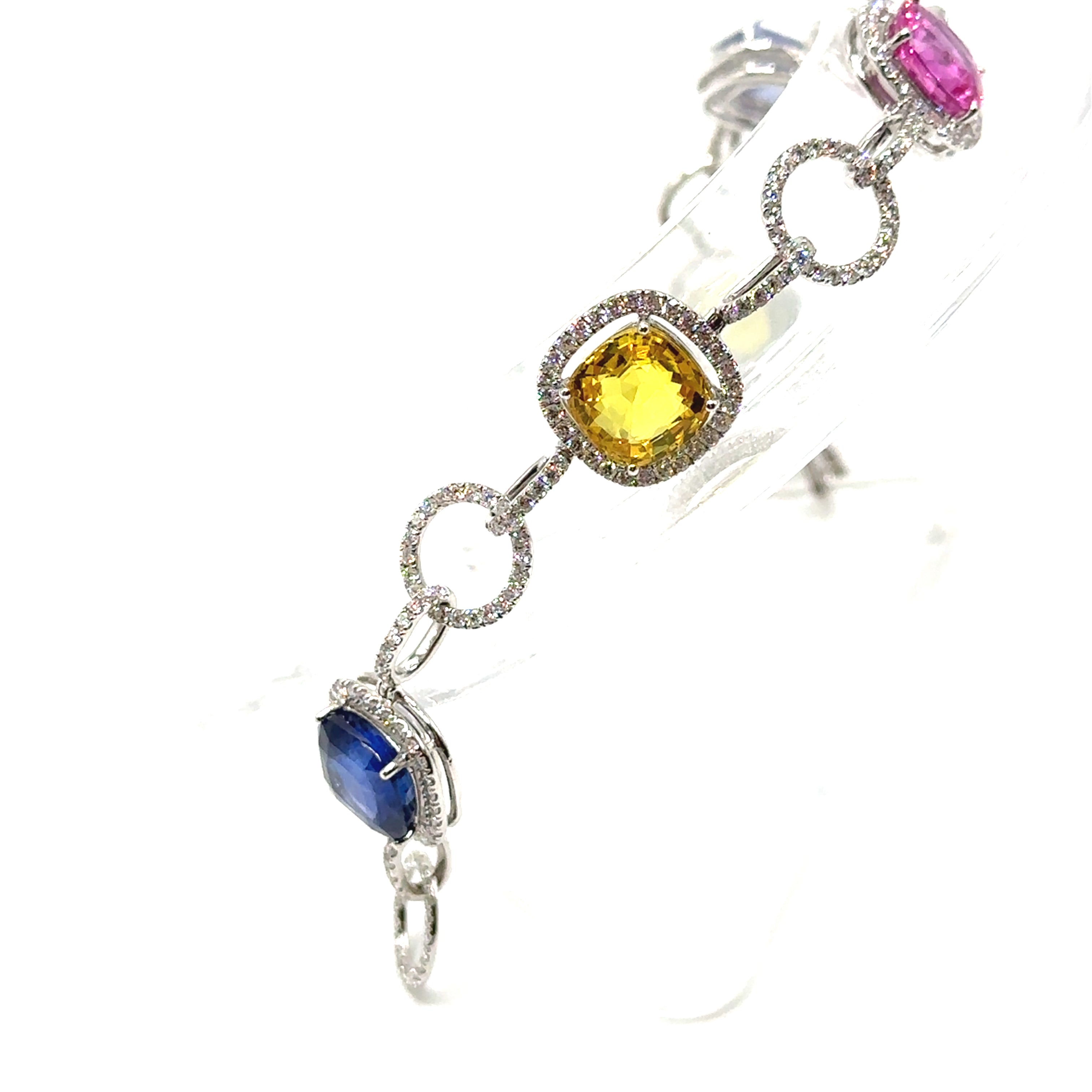 18K White Gold Cushion Cut Colored Sapphire and Diamond Bracelet