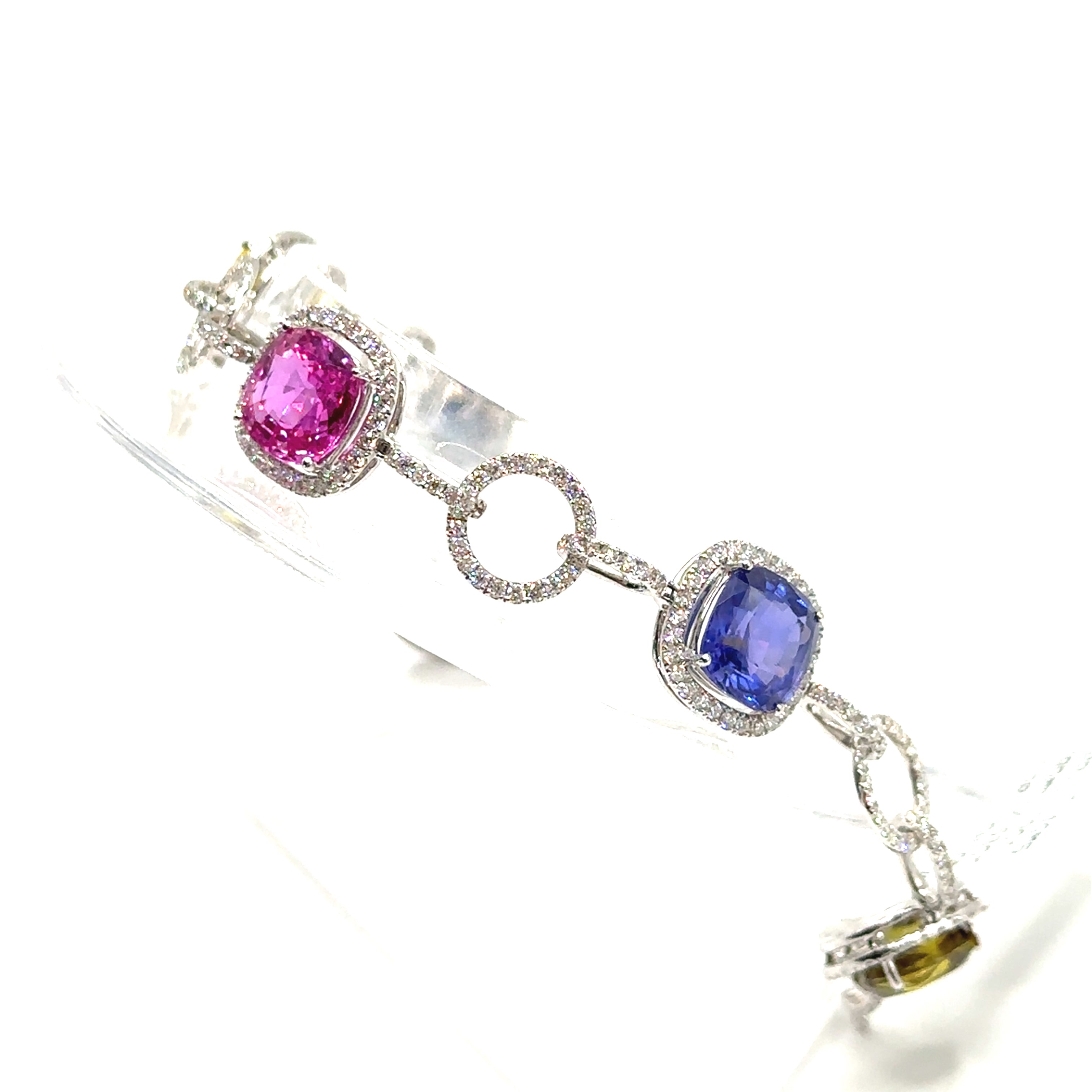 18K White Gold Cushion Cut Colored Sapphire and Diamond Bracelet
