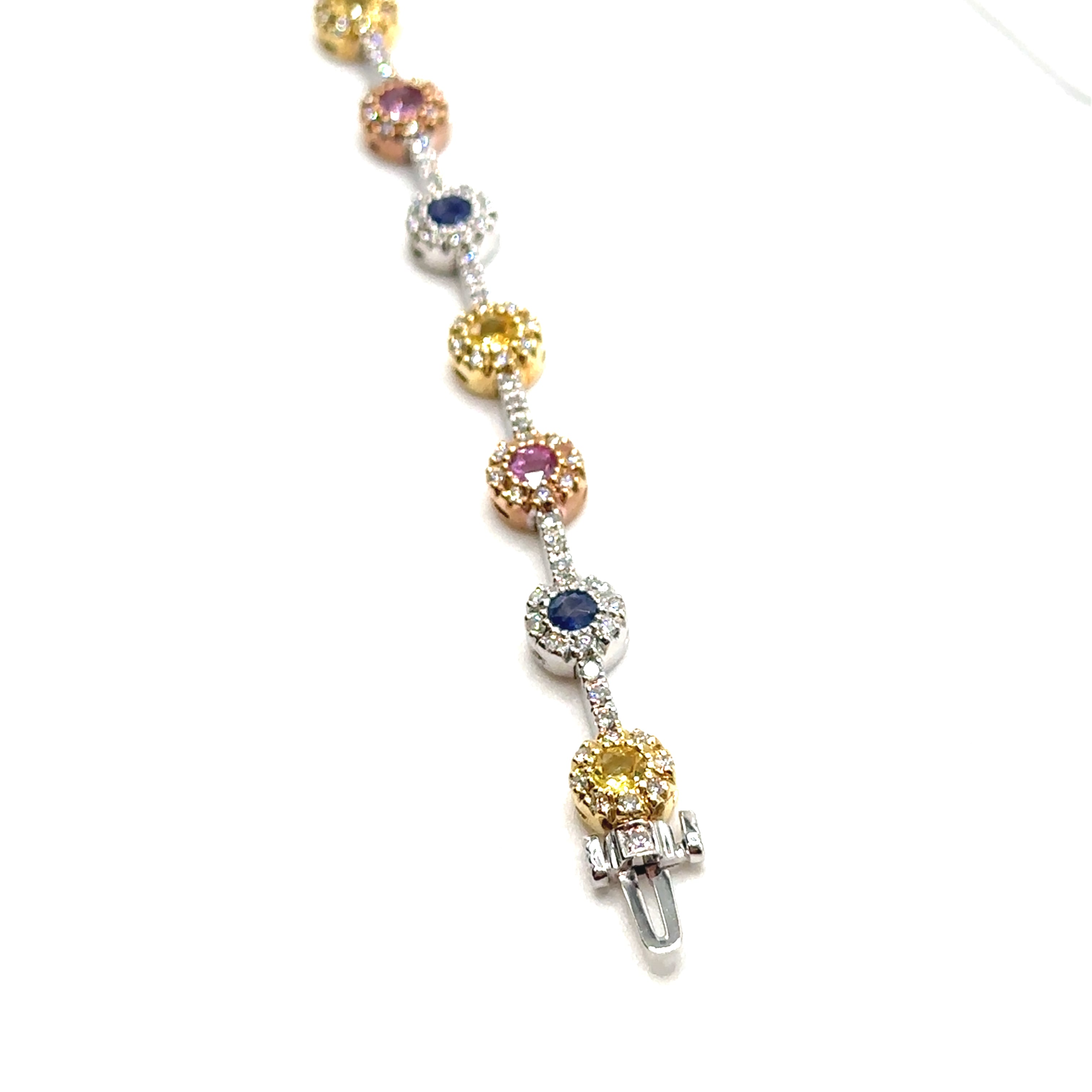 3 Tone 18K Gold Multi Colored Sapphire and Diamond Round Bracelet