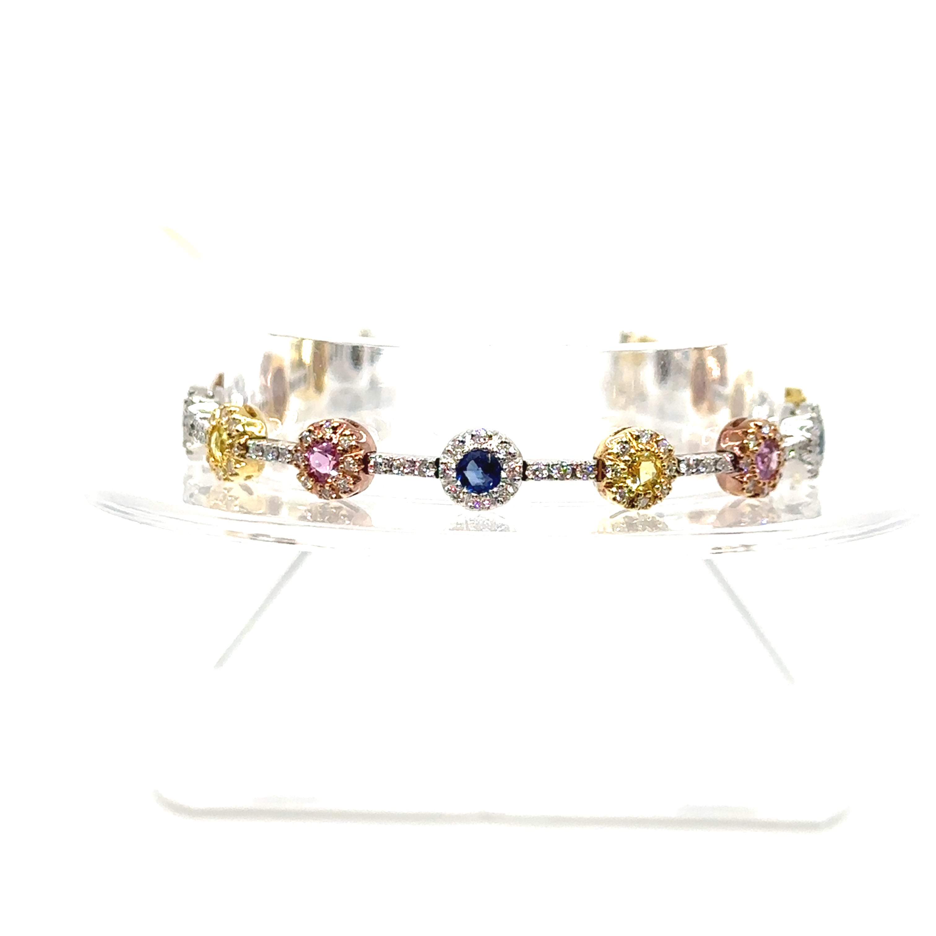 3 Tone 18K Gold Multi Colored Sapphire and Diamond Round Bracelet