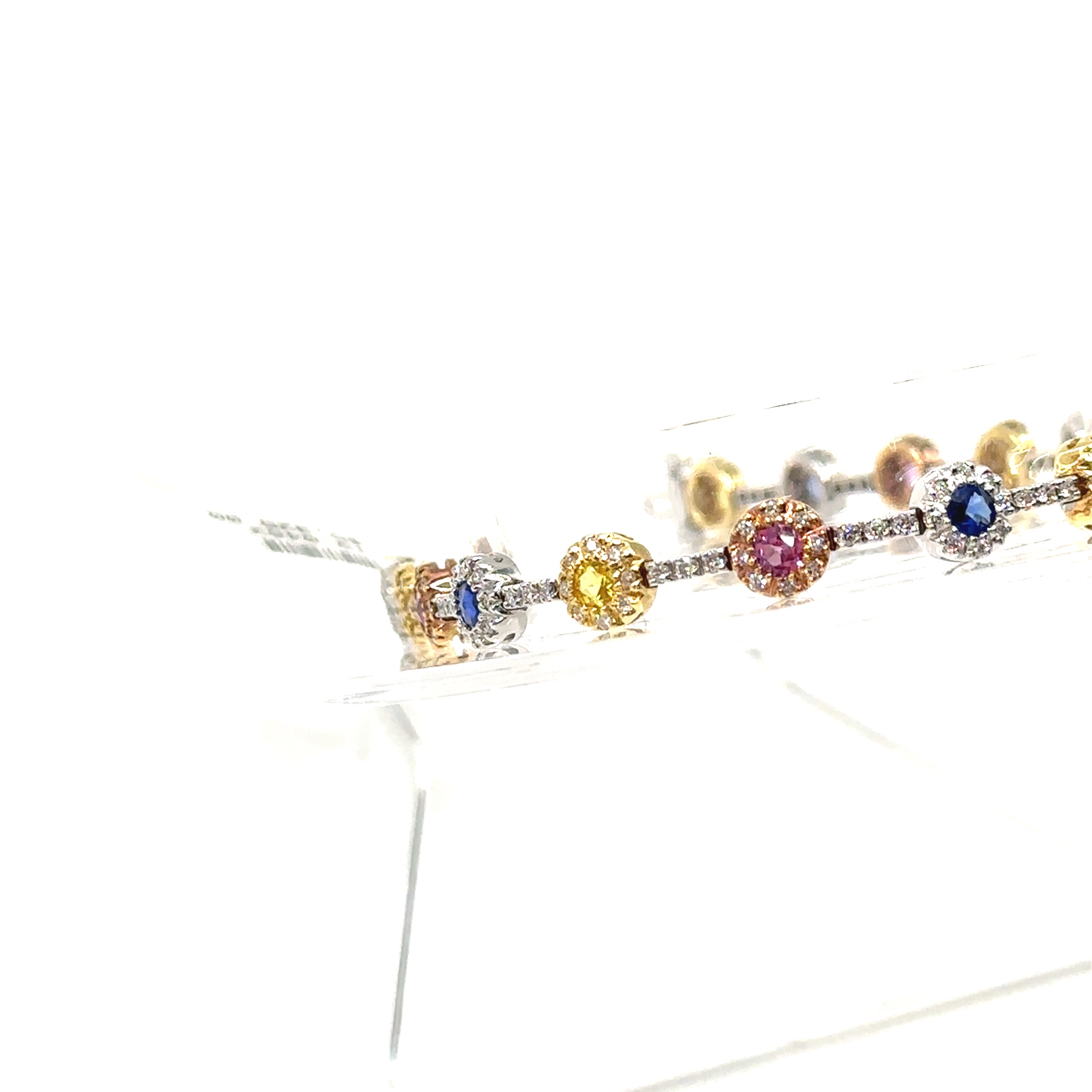 3 Tone 18K Gold Multi Colored Sapphire and Diamond Round Bracelet