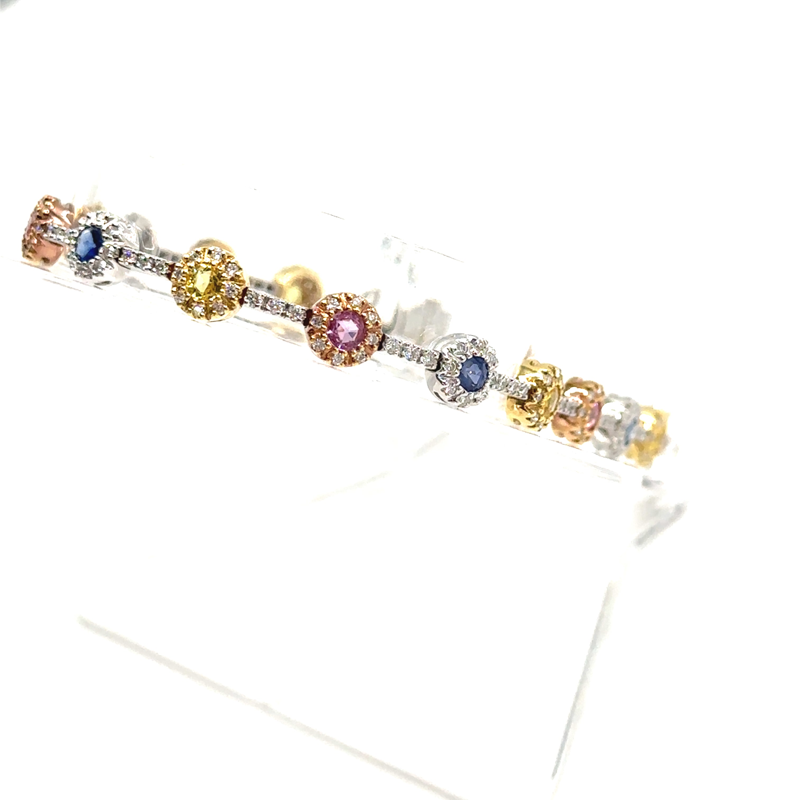 3 Tone 18K Gold Multi Colored Sapphire and Diamond Round Bracelet