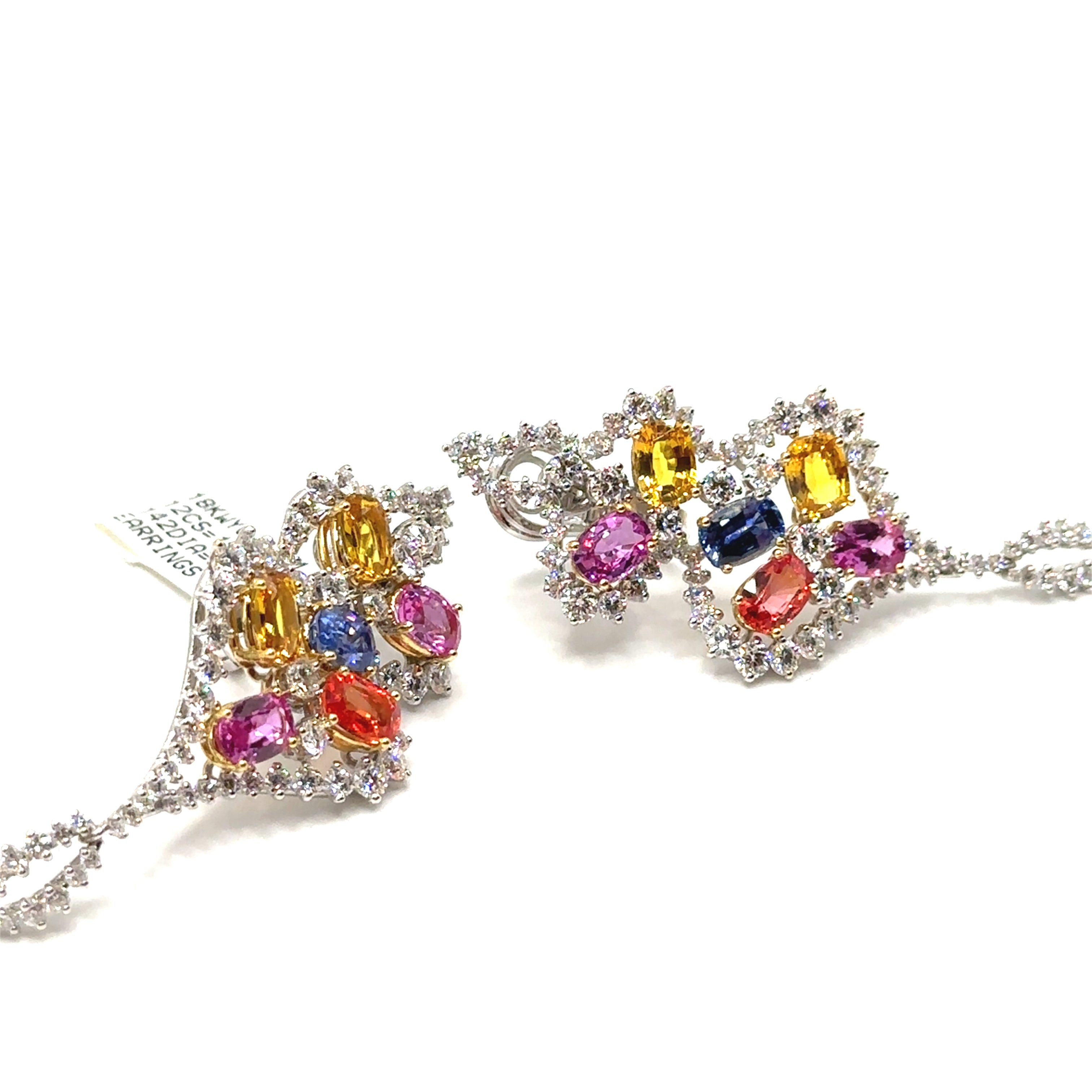 18K Two Tone Colored Sapphire and Diamond Earrings