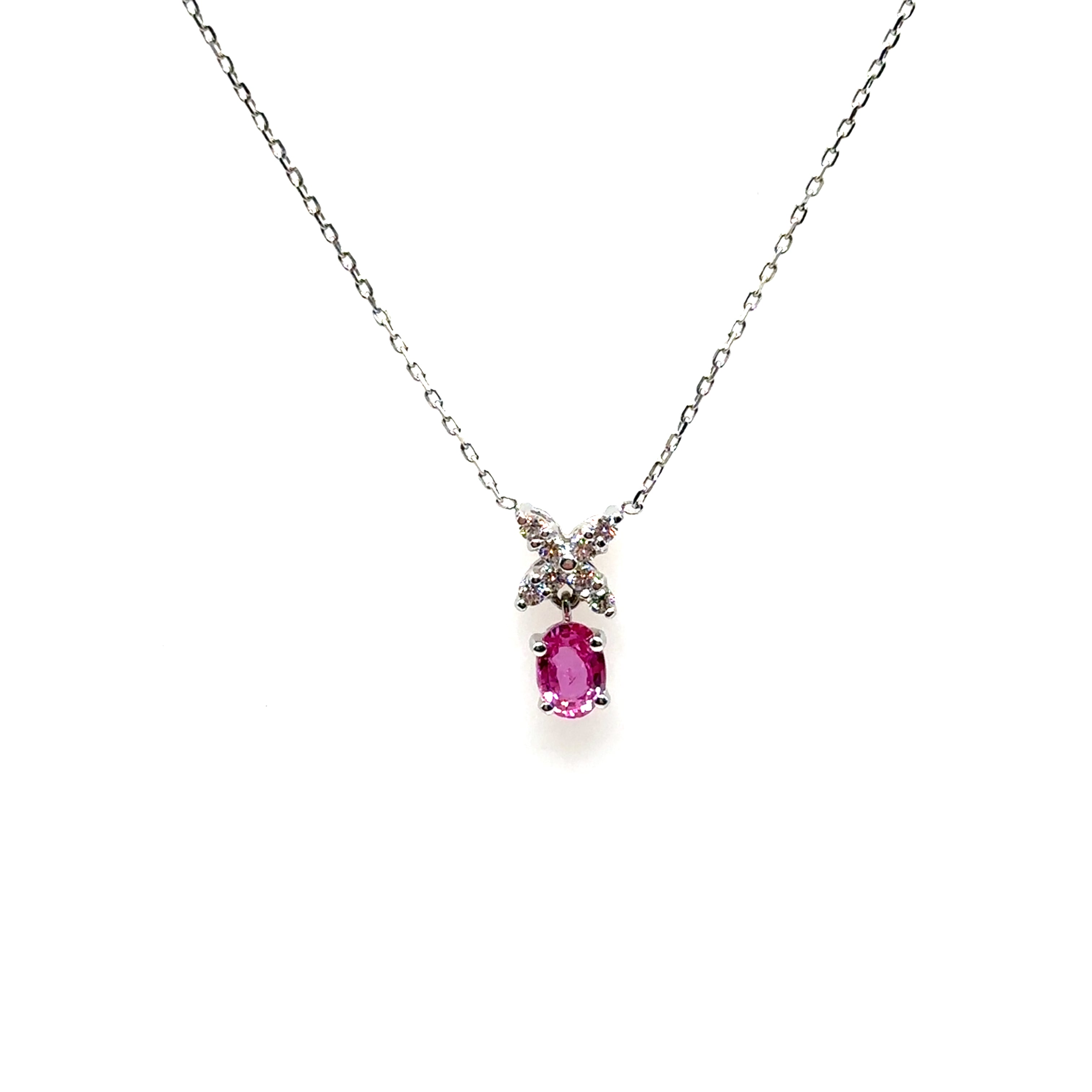 18K White Gold Pink Sapphire pendant With Diamond 'X'