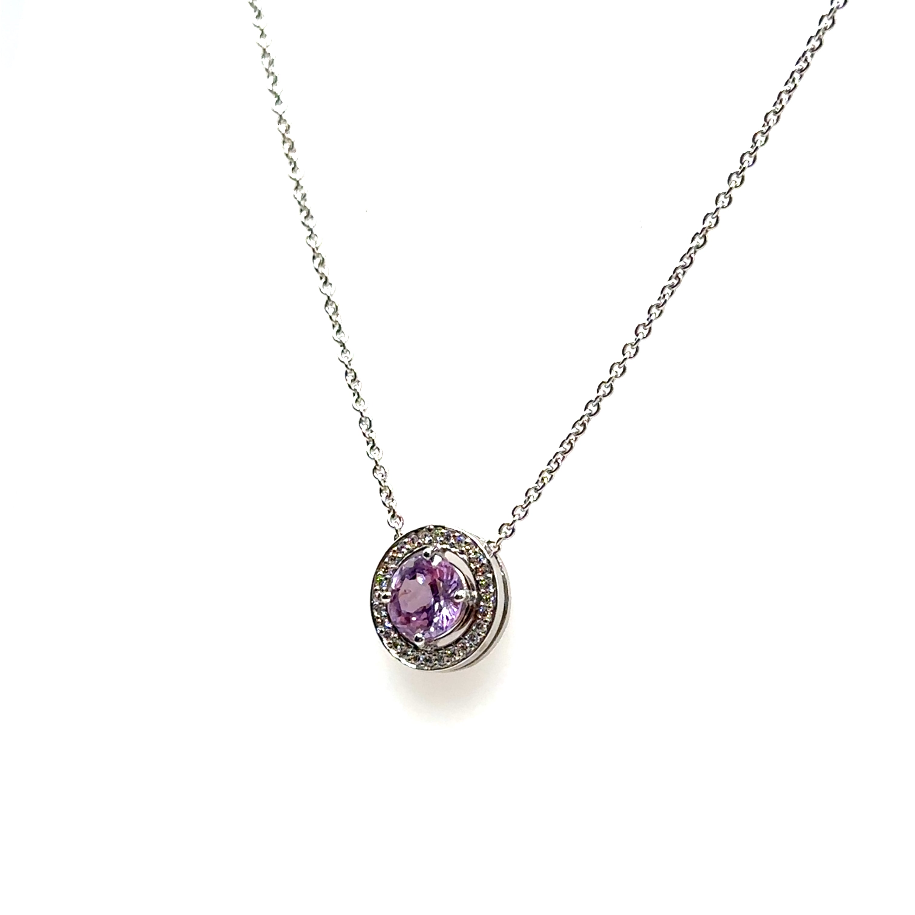 18K White Gold 1.28CT Pink Sapphire and Diamond Pendant