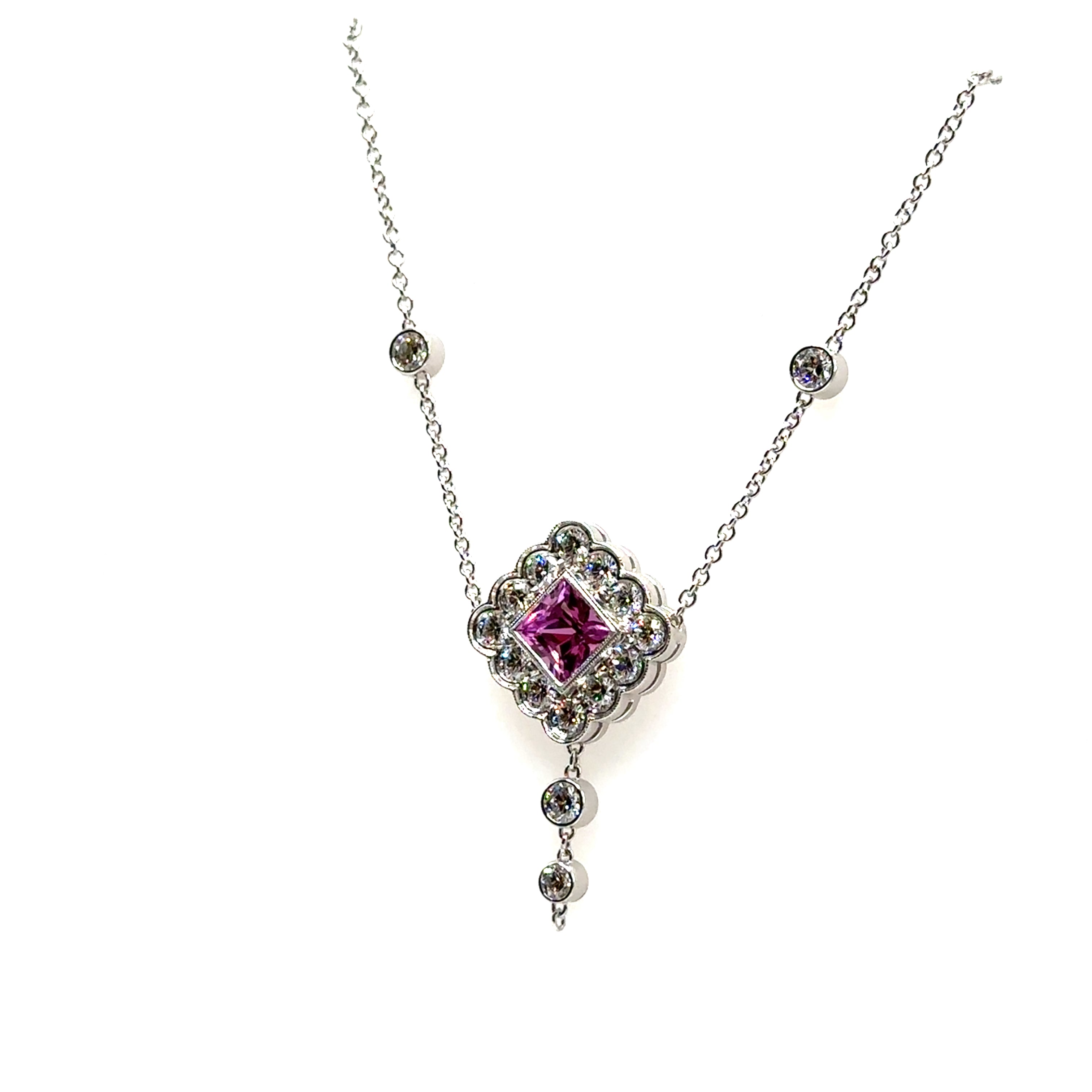18K White Gold 1.29CT Pink Sapphire and Diamond Square pendant