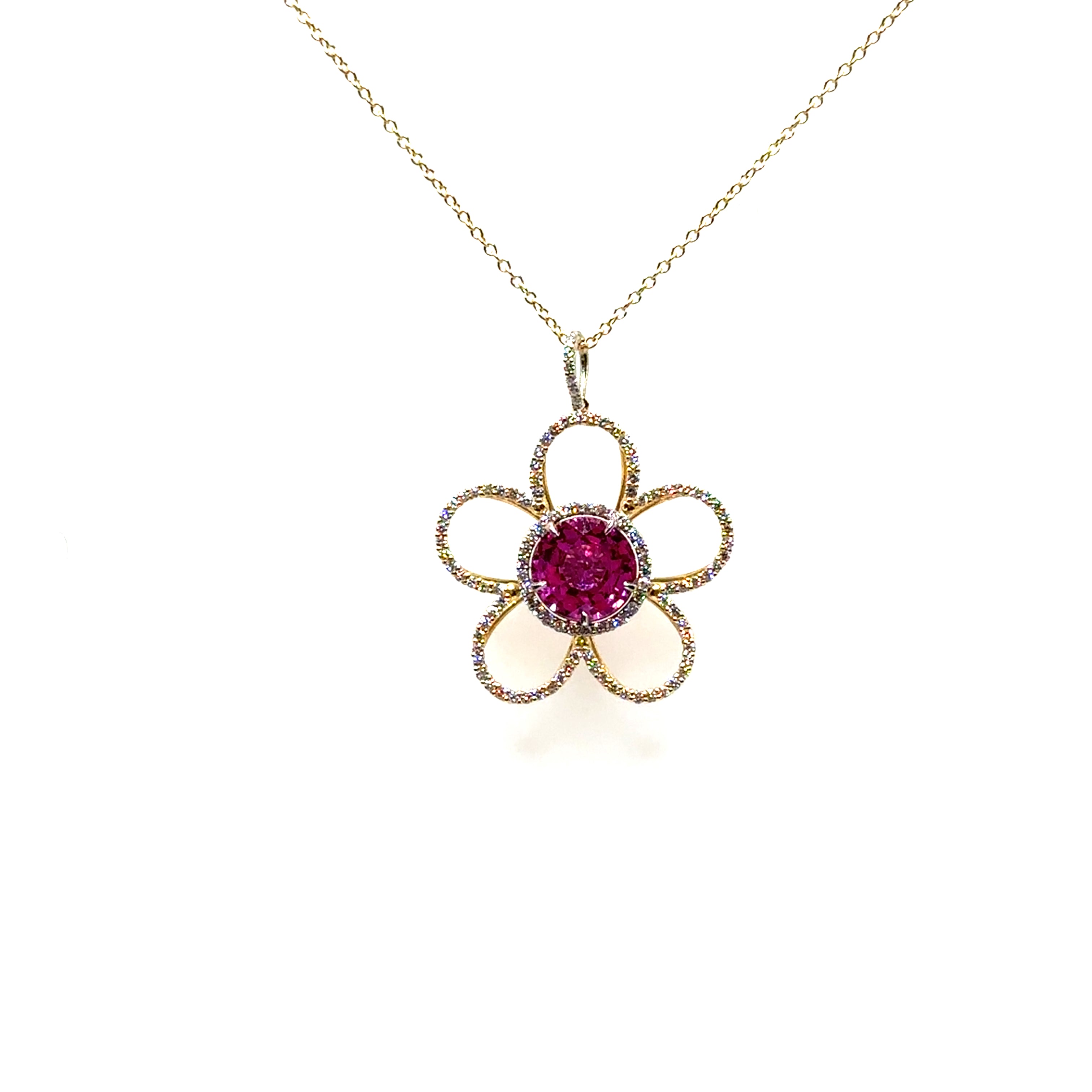 18K White and Yellow Gold Pink Sapphire and Diamond Star Shaped Pendant