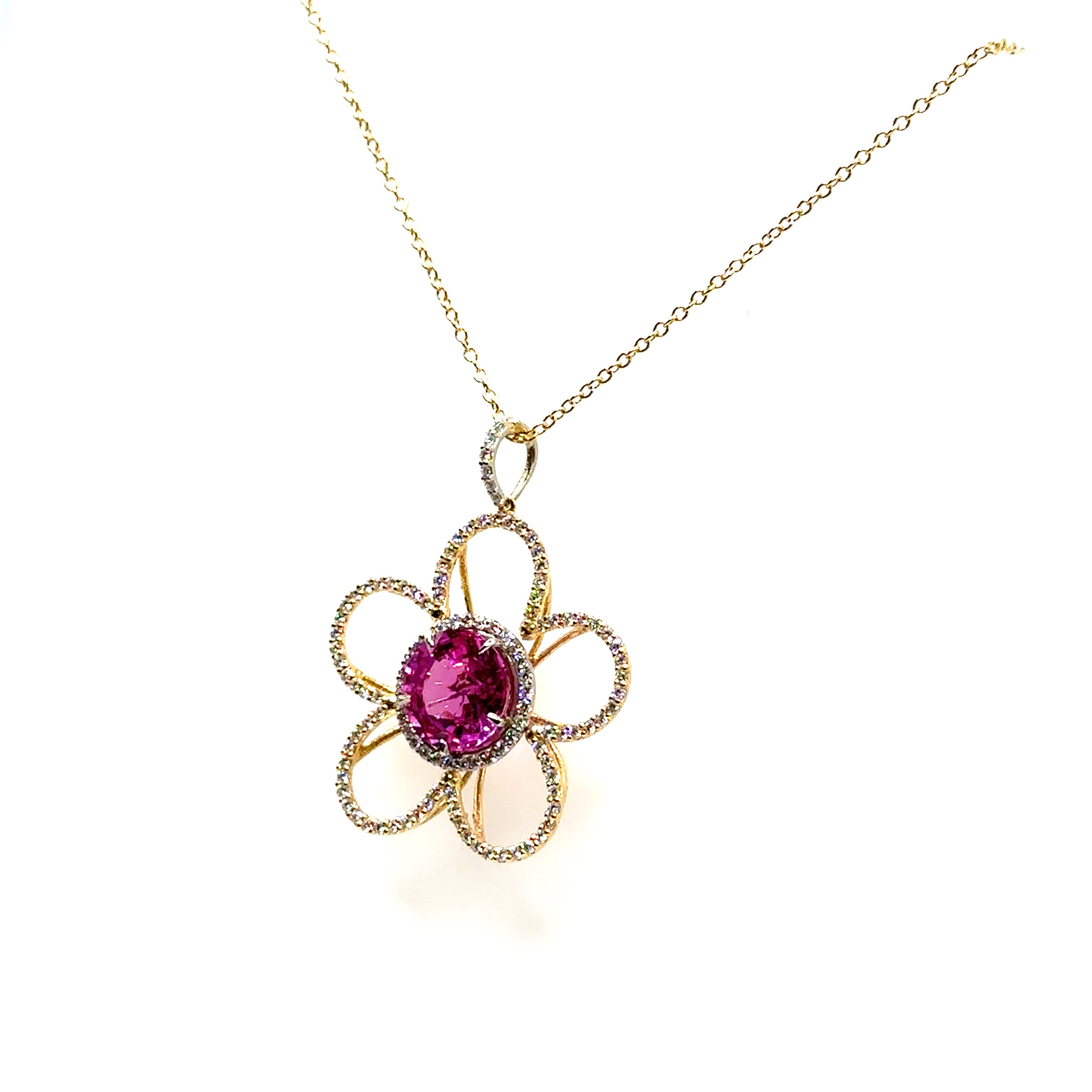 18K White and Yellow Gold Pink Sapphire and Diamond Star Shaped Pendant