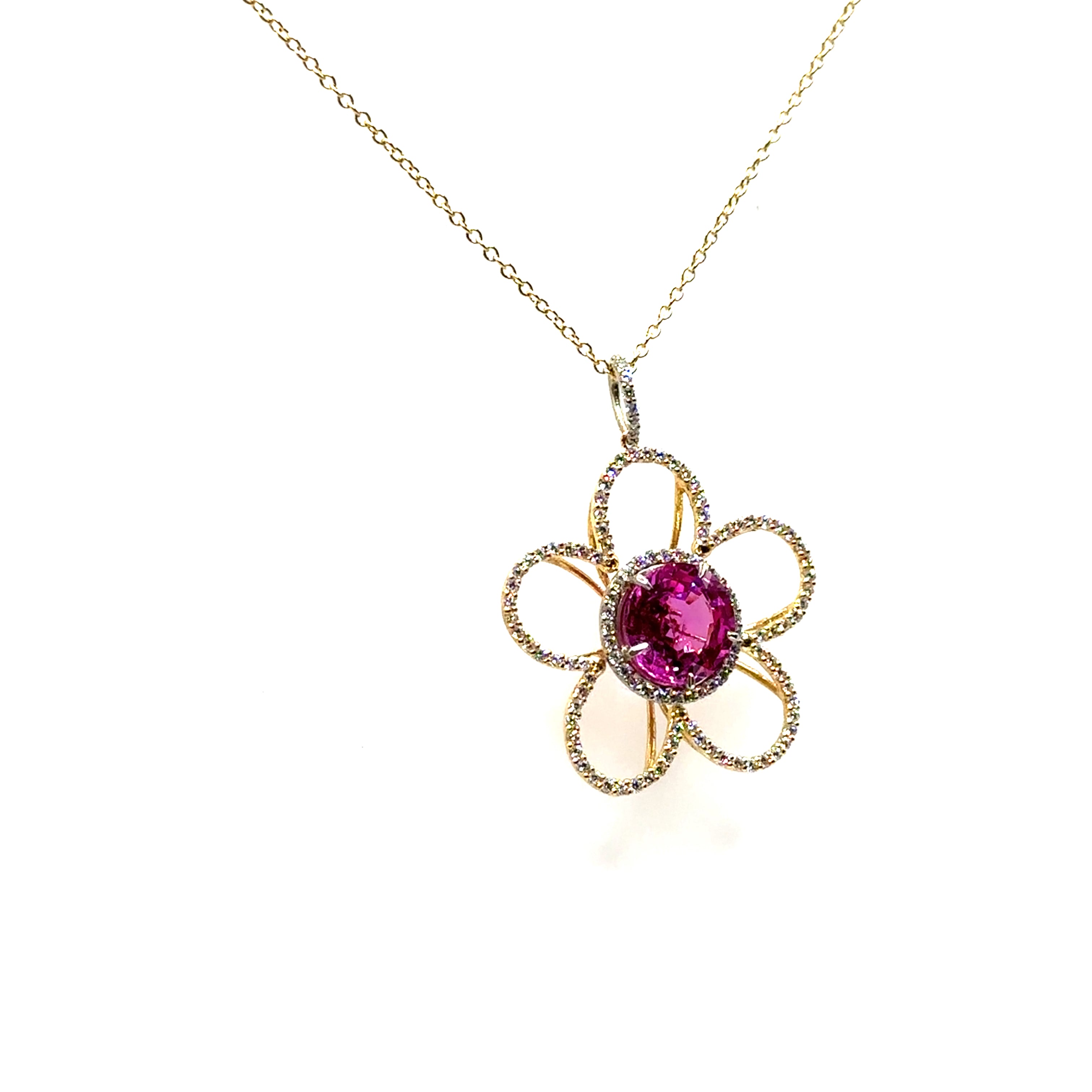 18K White and Yellow Gold Pink Sapphire and Diamond Star Shaped Pendant