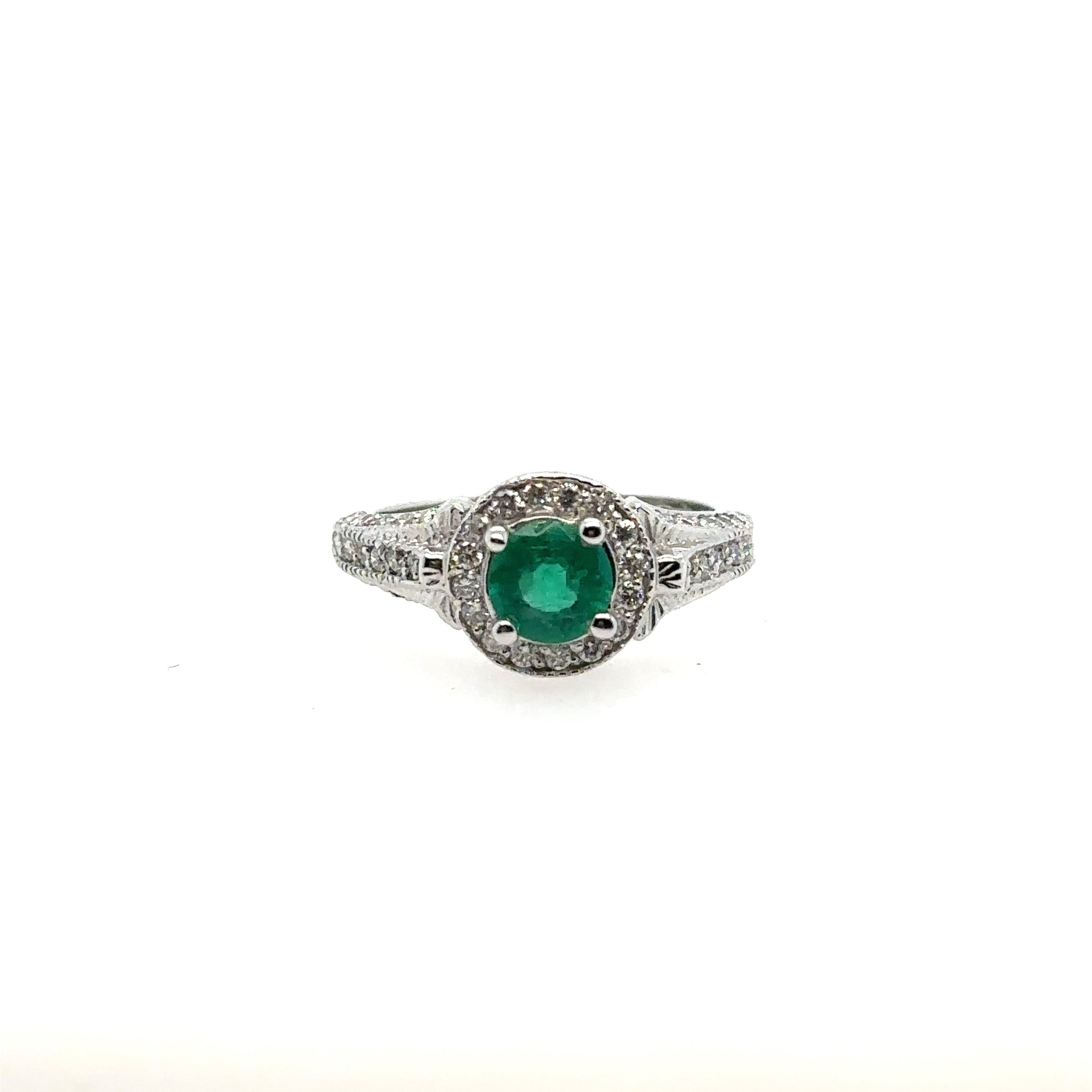 14K White Gold Ring with Emerald and Diamond Accents