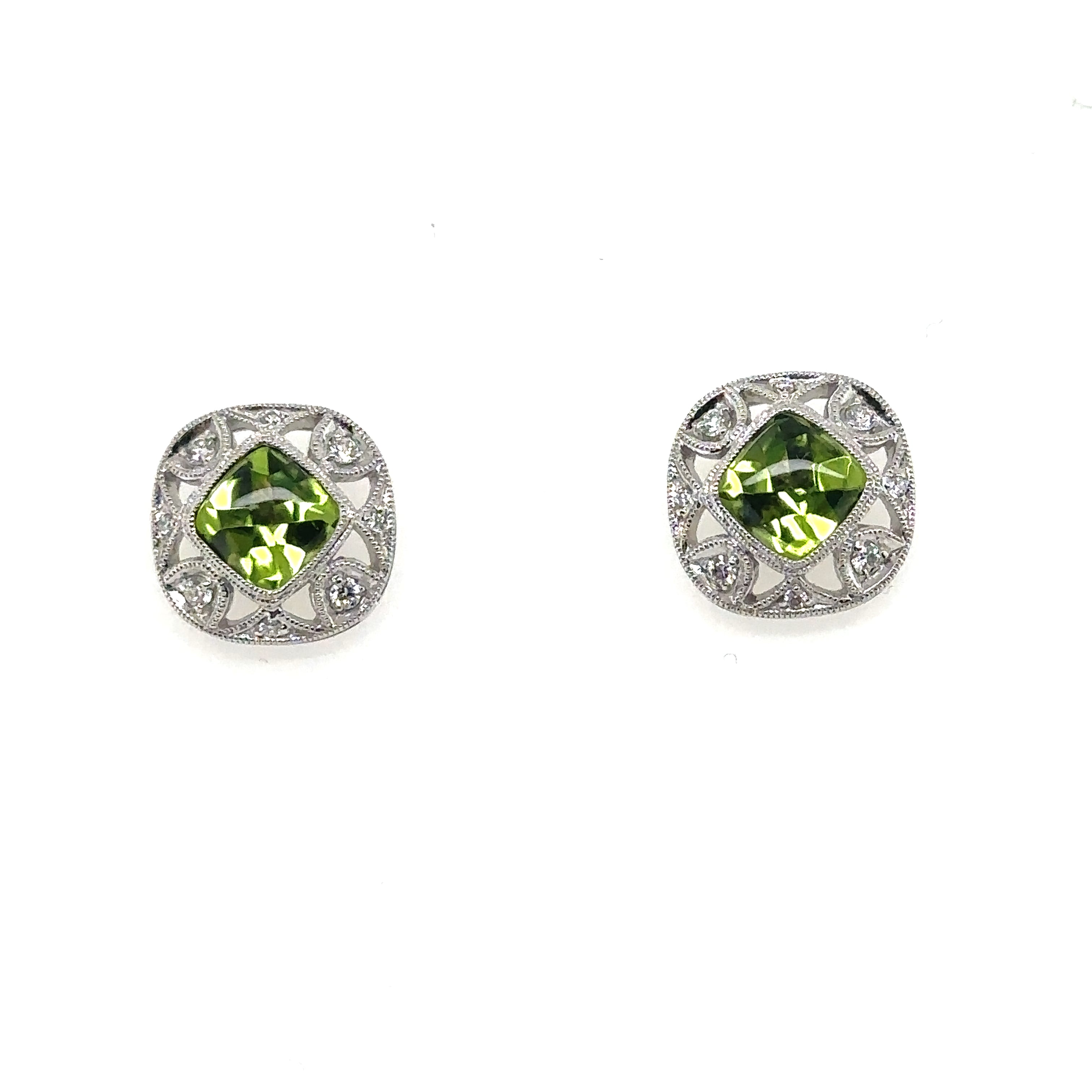 14K White Gold Peridot and Diamond Stud Earrings