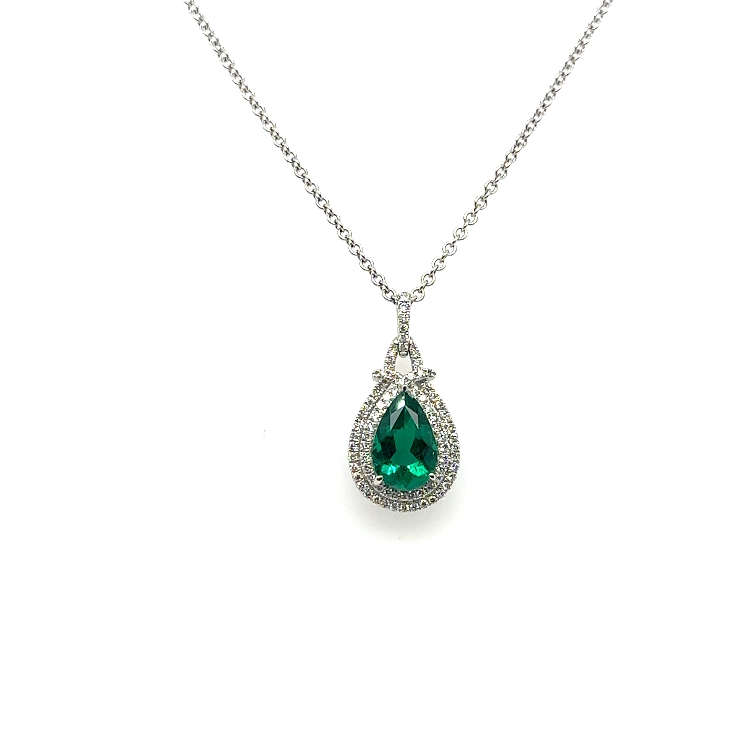 18K White Gold Emerald and Diamond Pendant