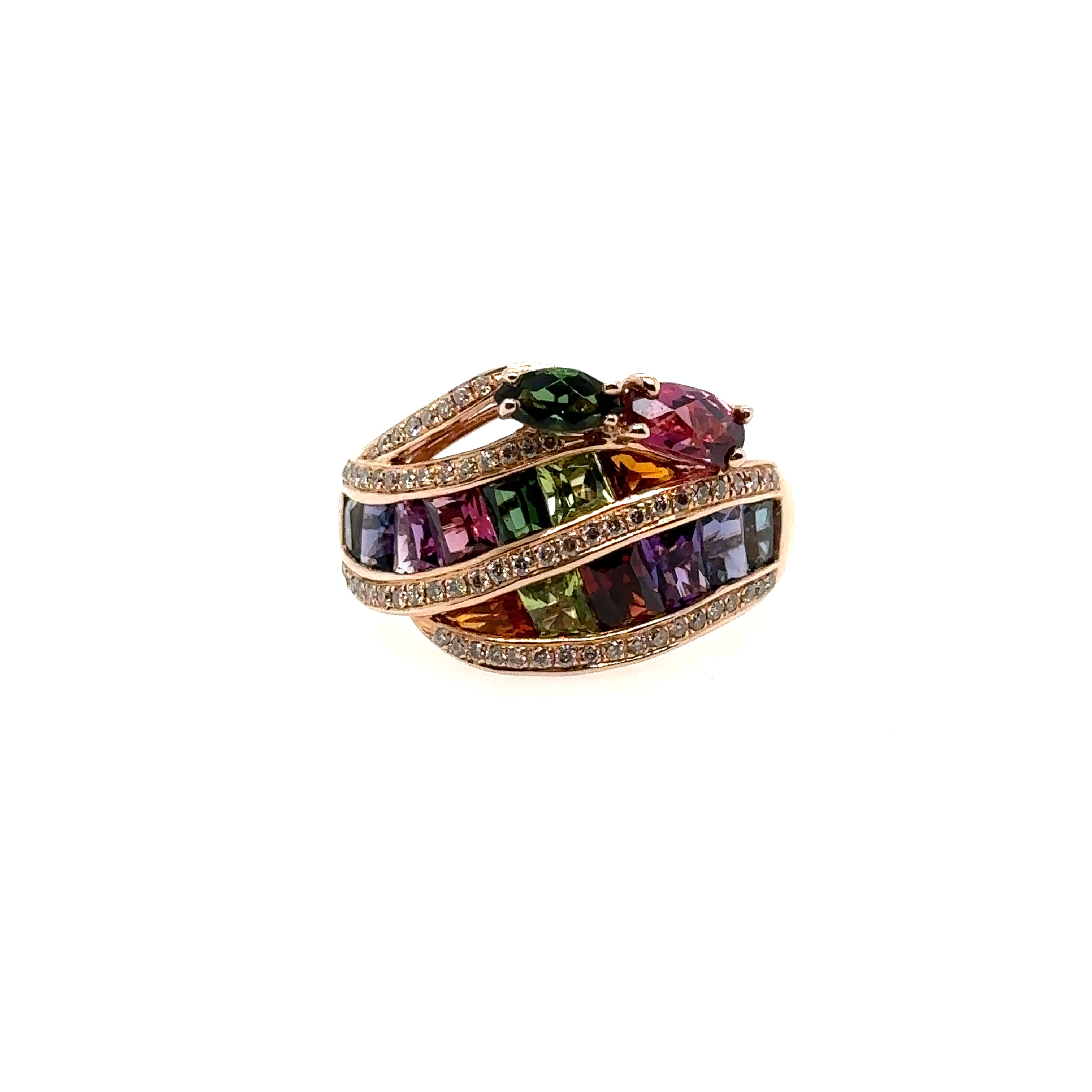 14K Rose Gold Ring Diamond and Multi Colored Sapphires