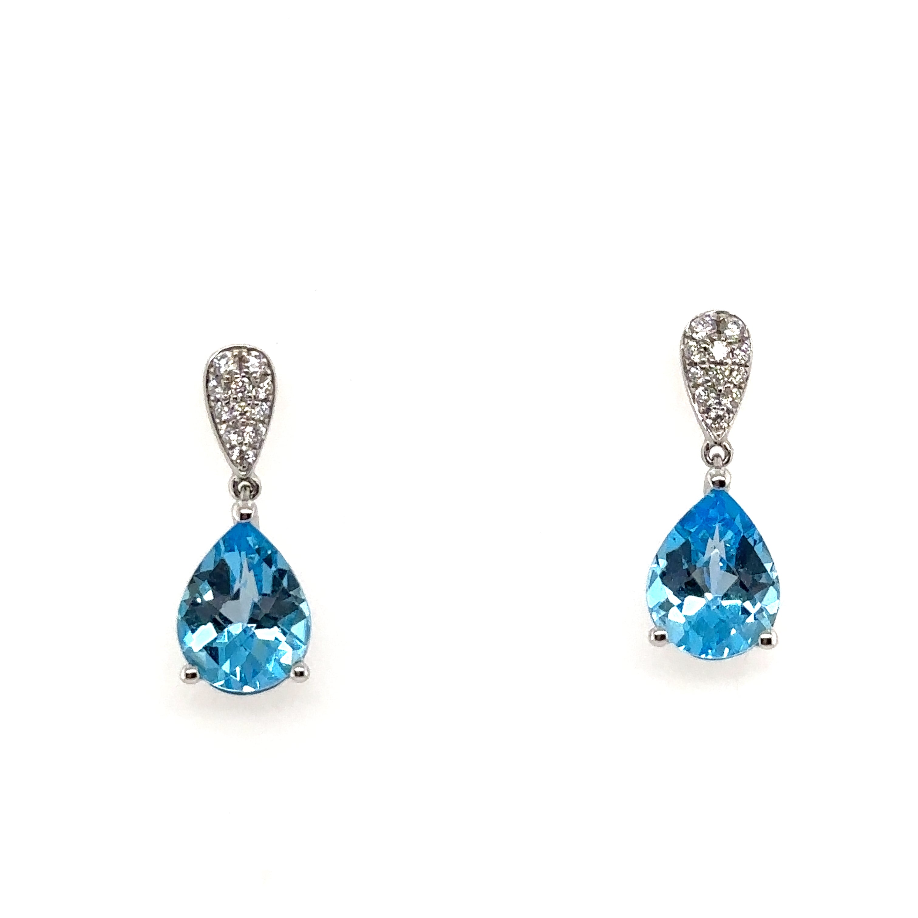 14K White Gold Blue Topaz and Diamond Dangle Earrings