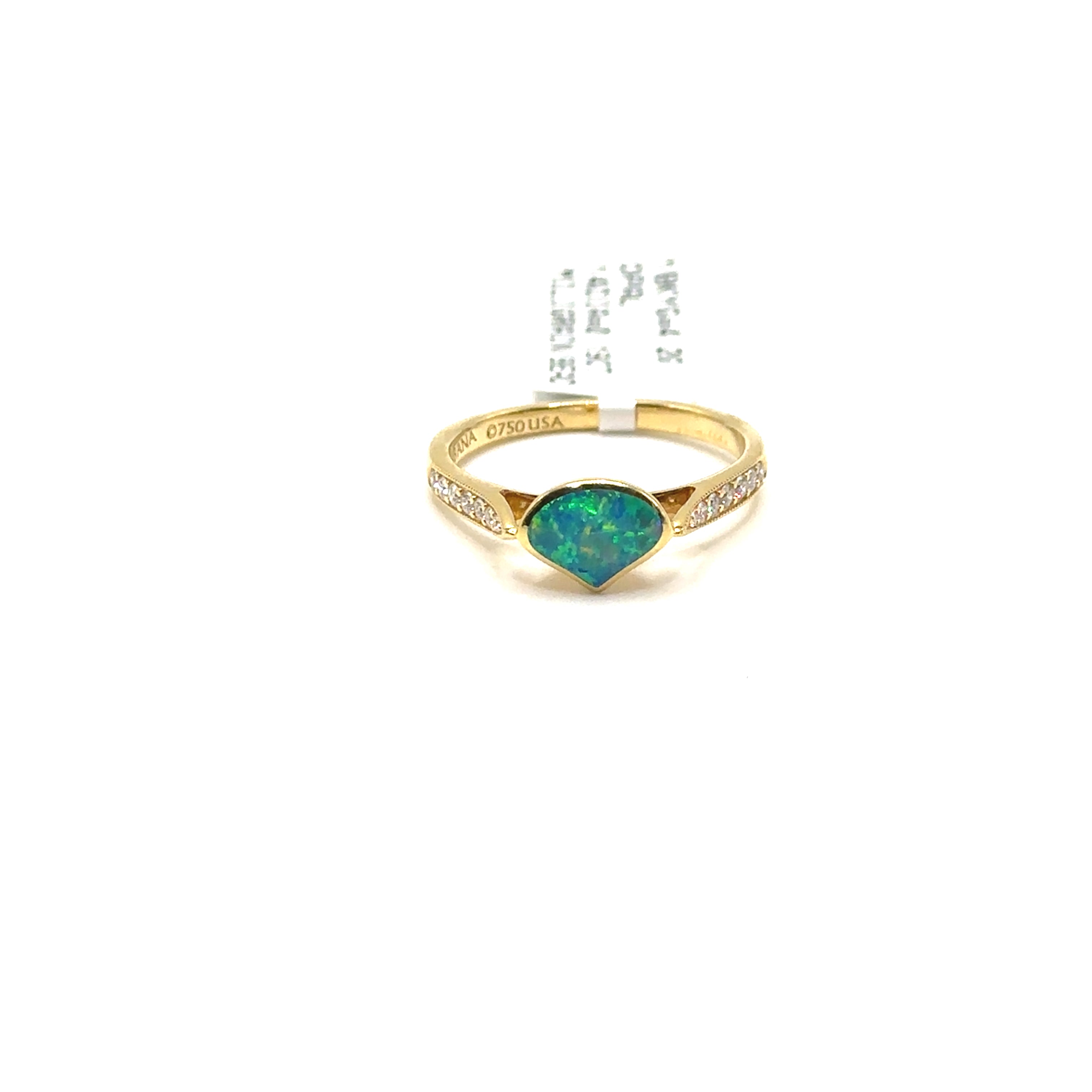 18K Yellow Gold Opal and Diamond Milgrain Ring