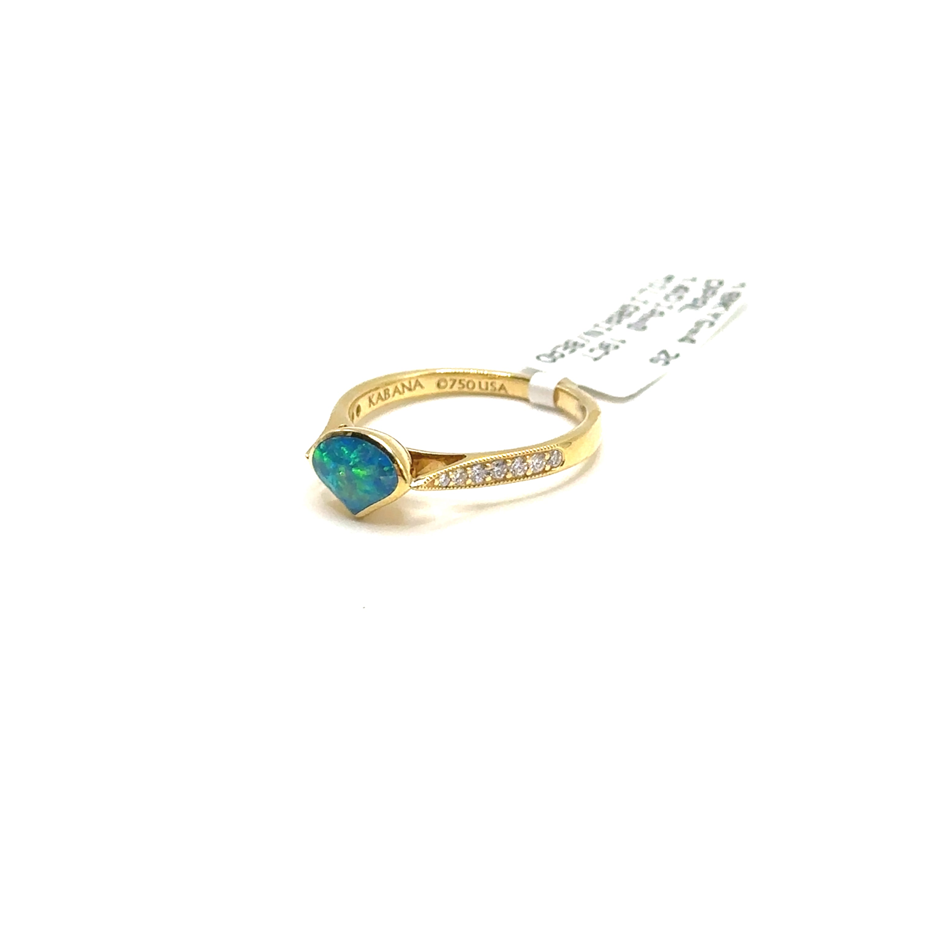 18K Yellow Gold Opal and Diamond Milgrain Ring