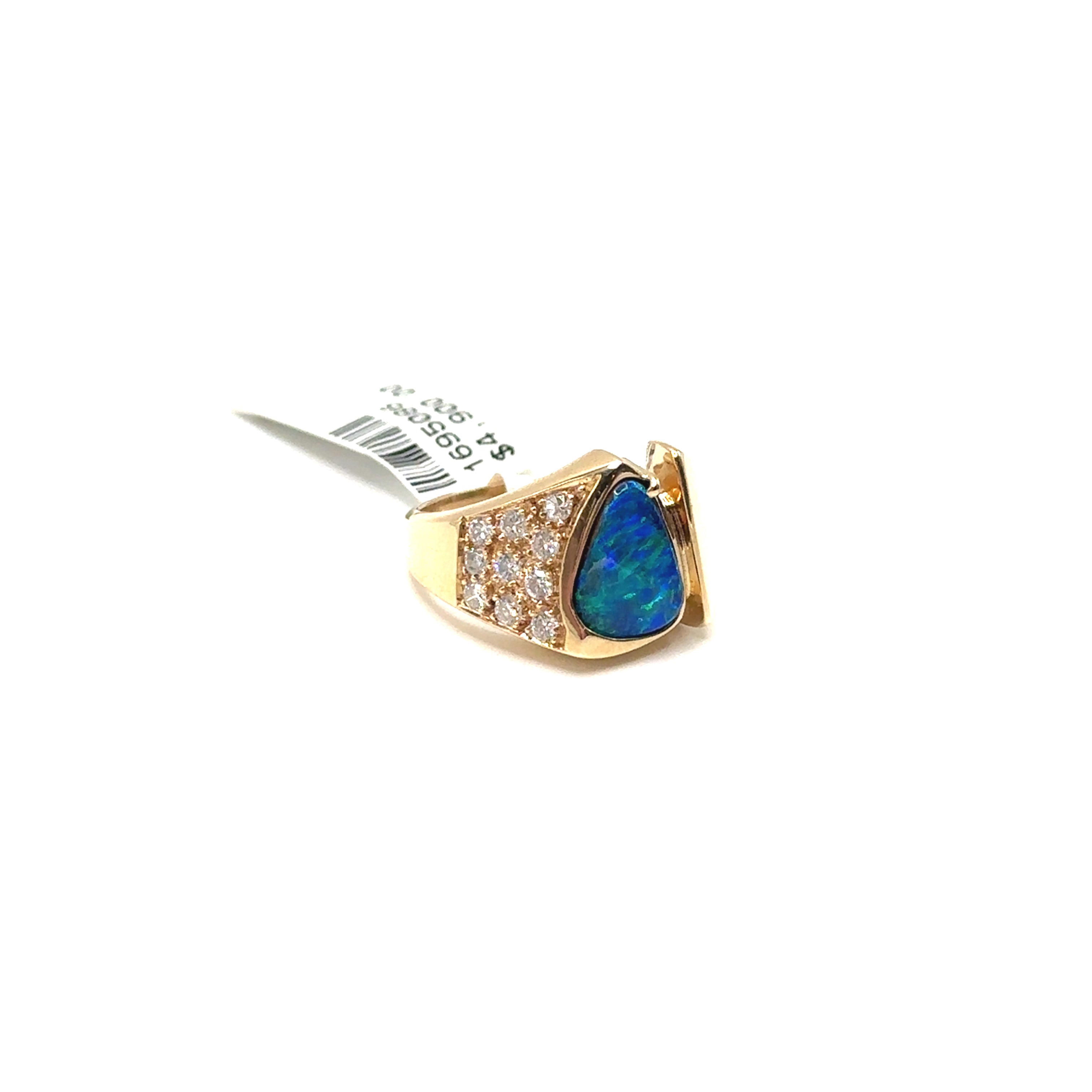 14K Yellow Gold Arrow Shaped Black Opal and Diamond Ring