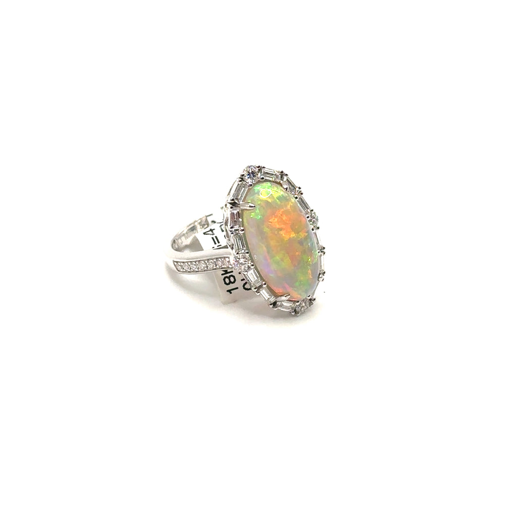 18K White Gold Oval White Opal and Diamond Ring