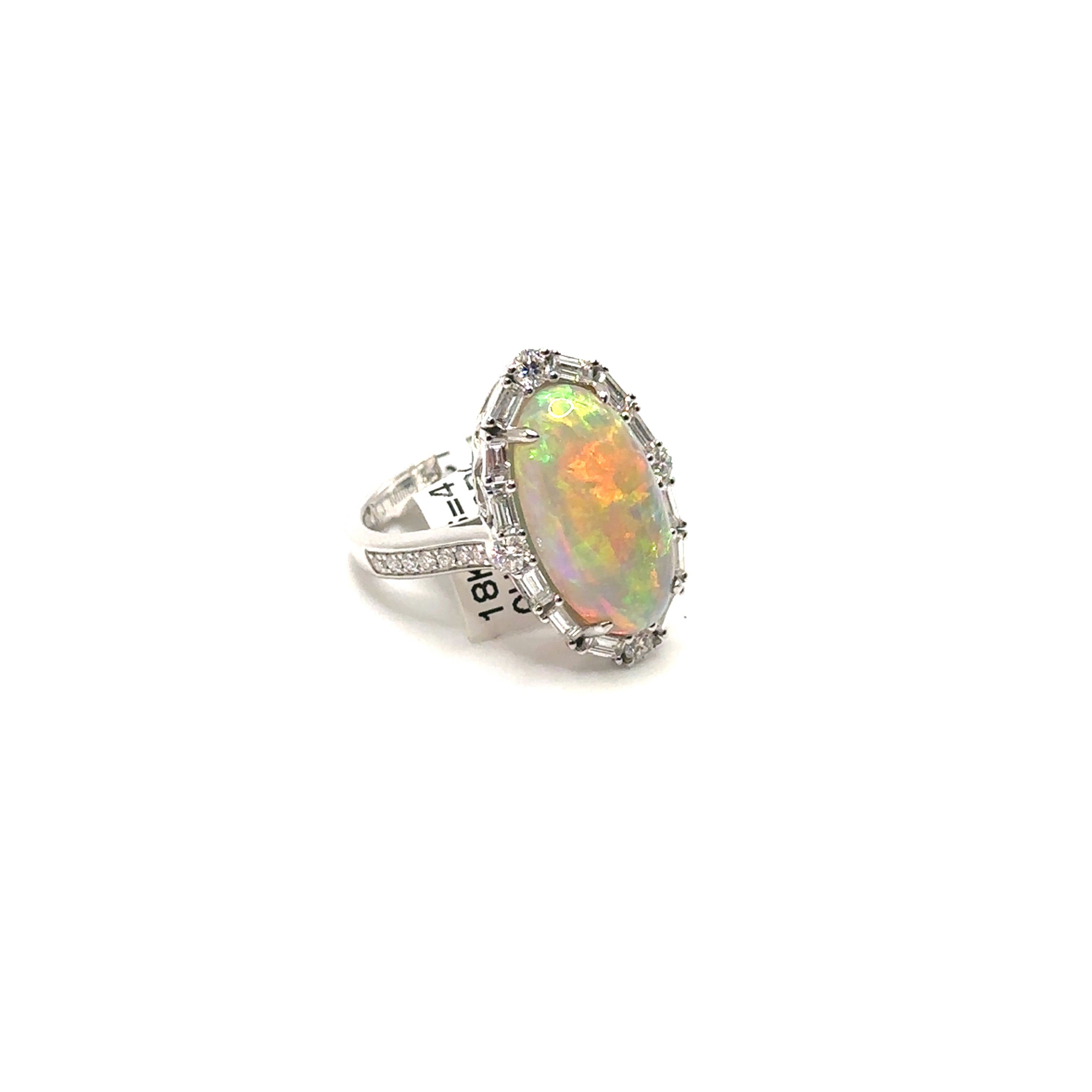 18K White Gold Oval White Opal and Diamond Ring