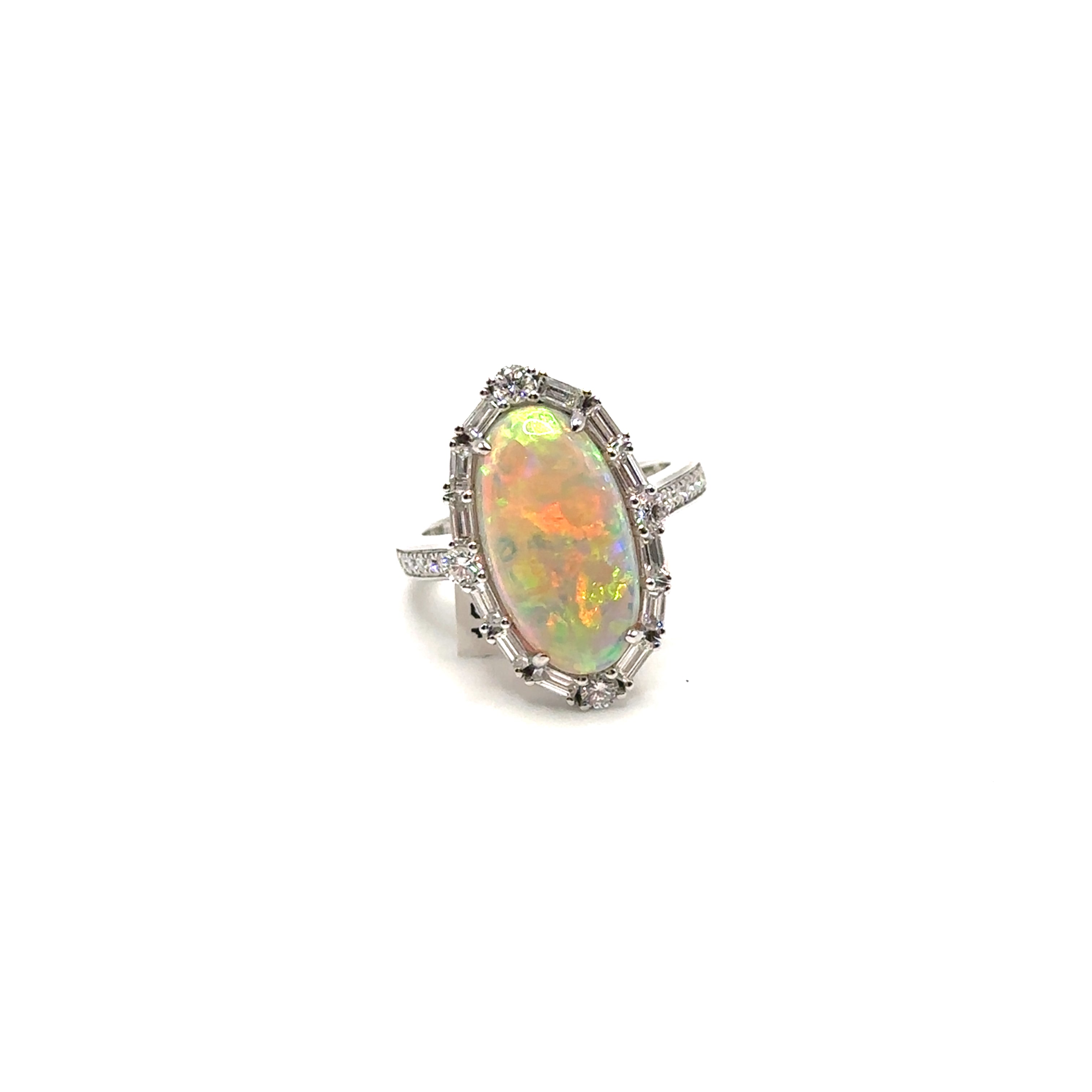 18K White Gold Oval White Opal and Diamond Ring