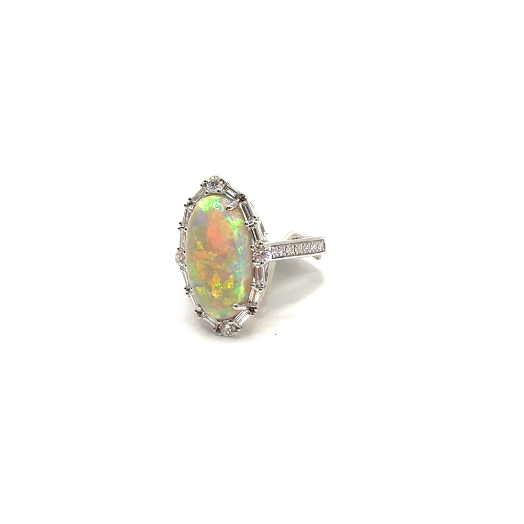 18K White Gold Oval White Opal and Diamond Ring