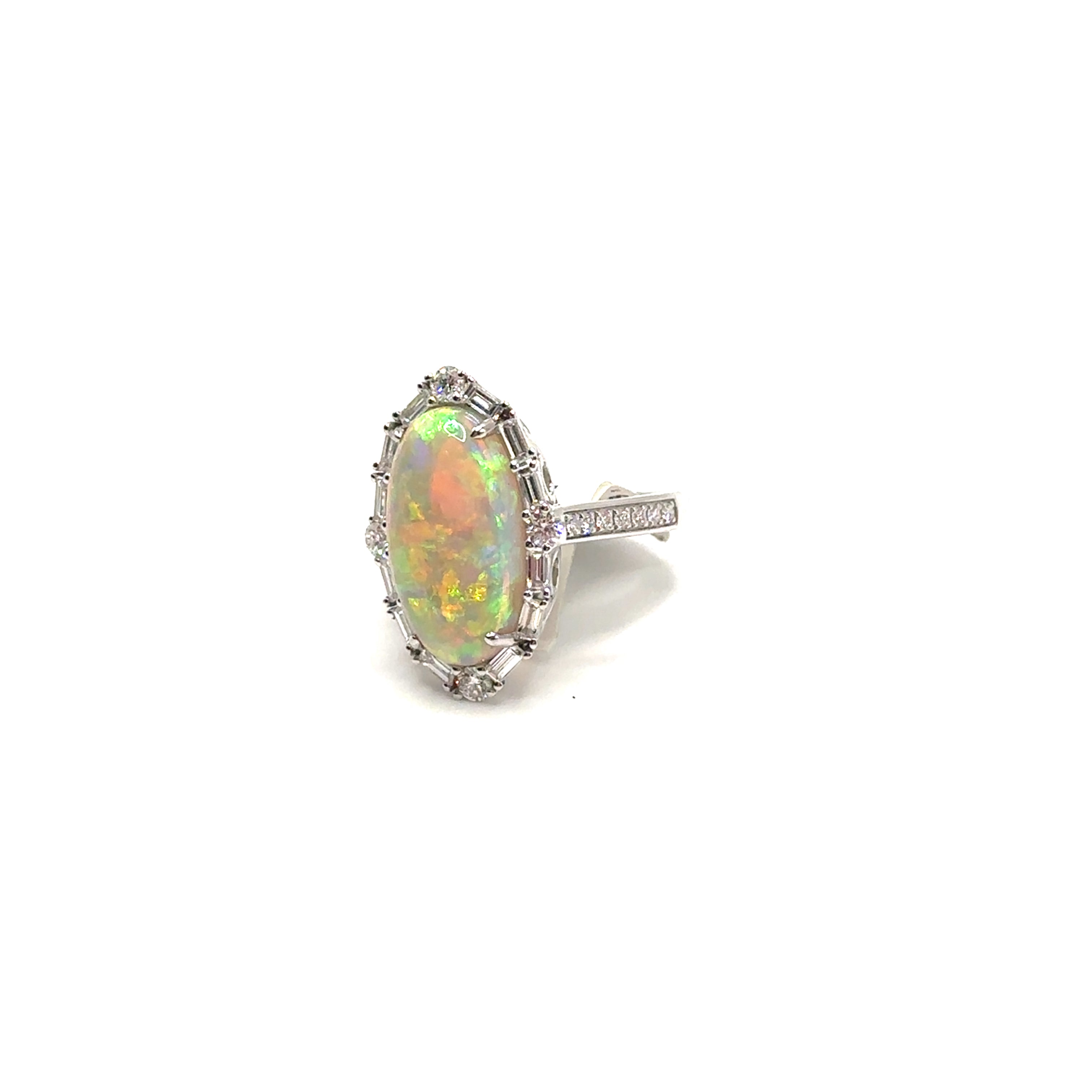 18K White Gold Oval White Opal and Diamond Ring