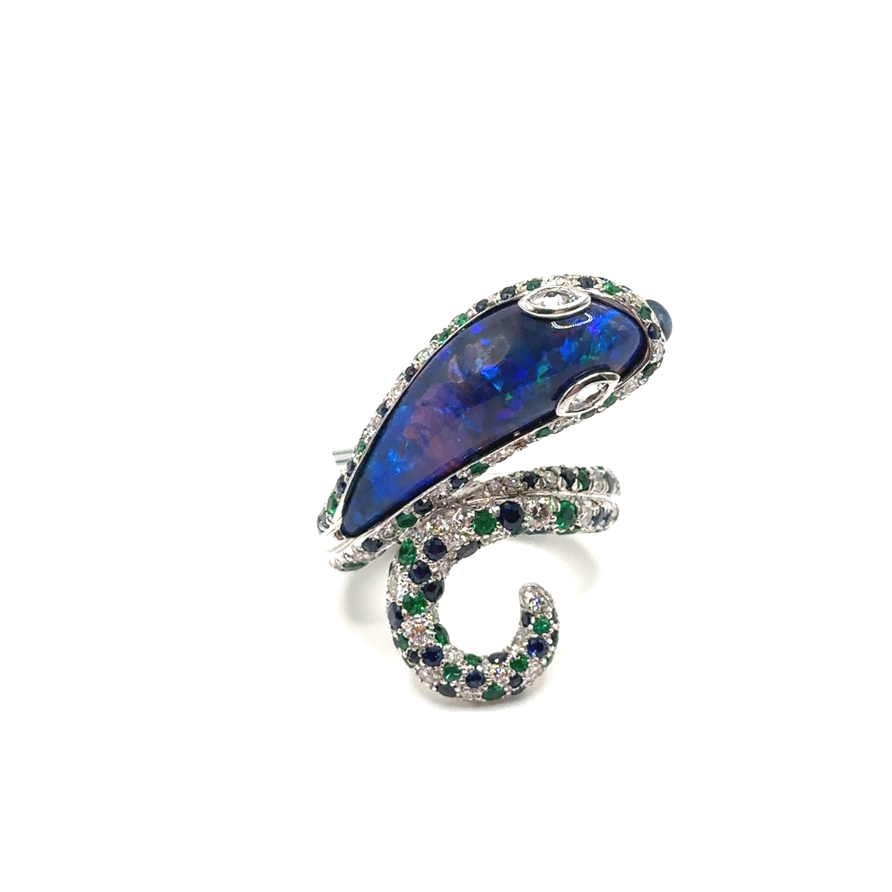 18K White Gold Black Opal Snake Ring With Diamonds and Sapphires