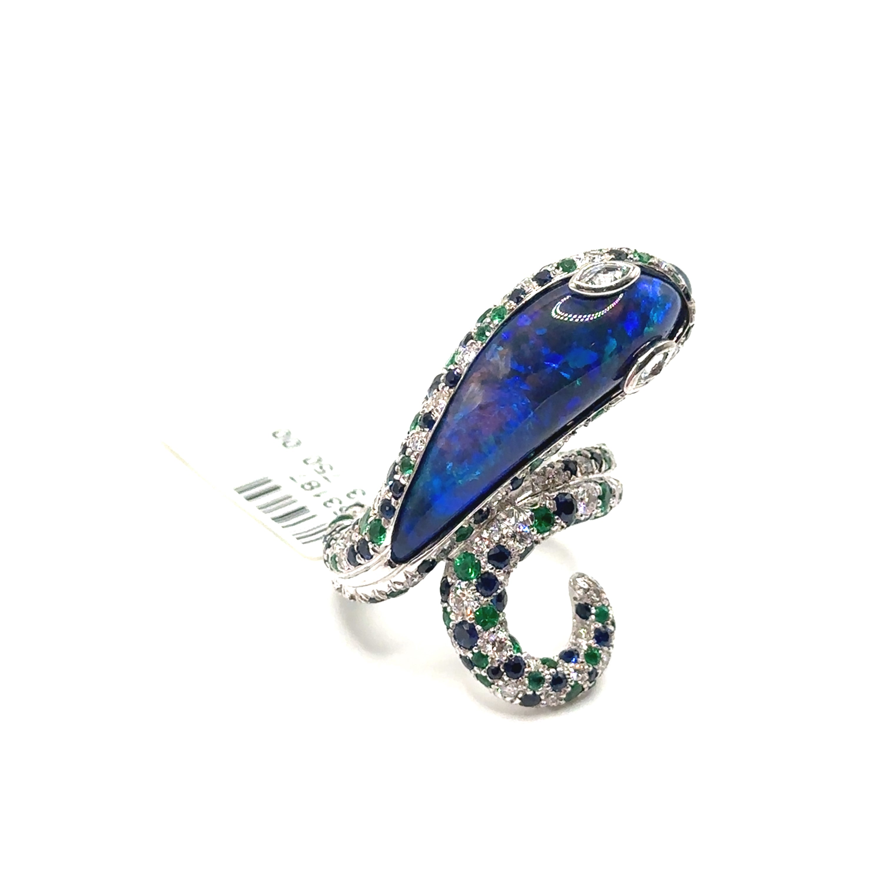 18K White Gold Black Opal Snake Ring With Diamonds and Sapphires