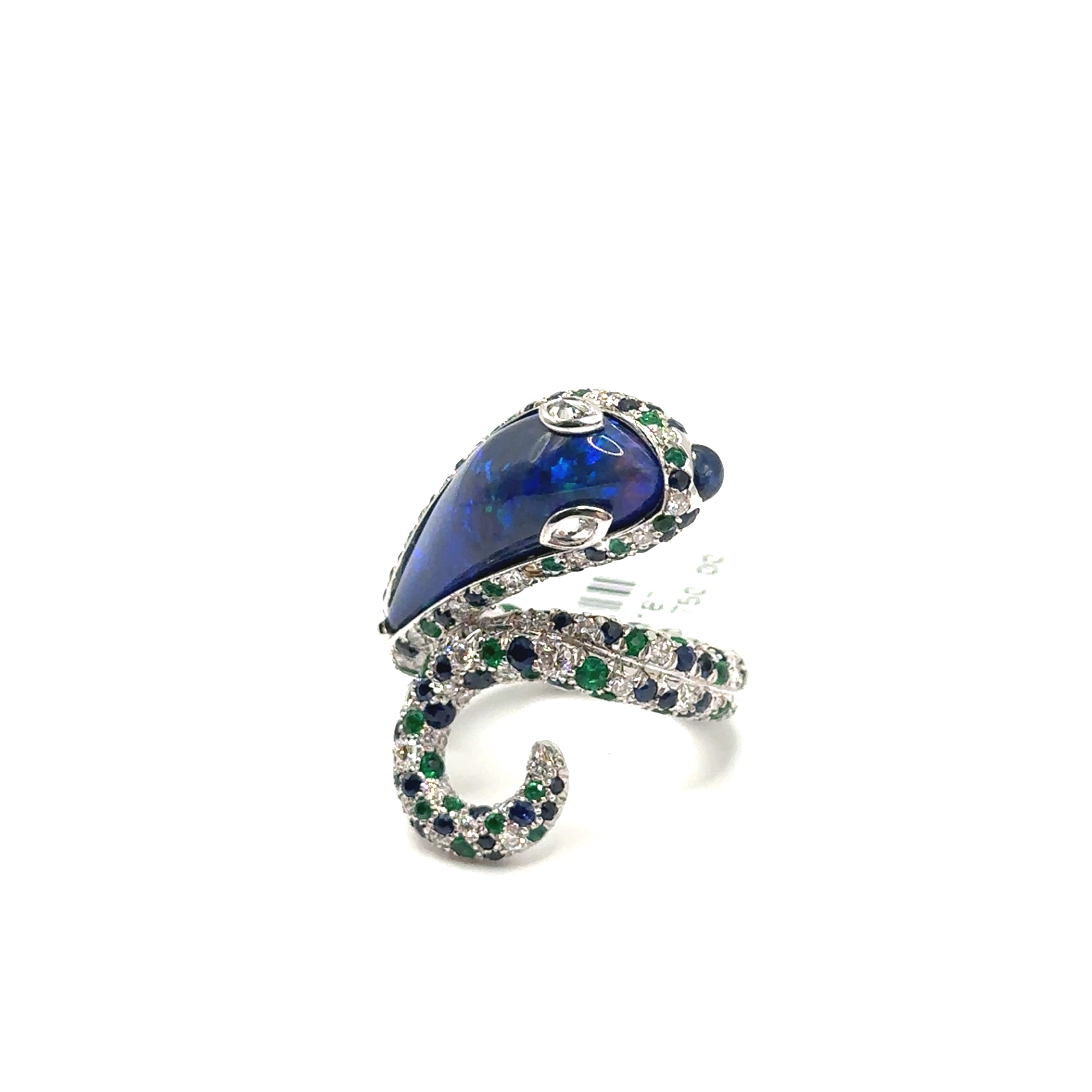 18K White Gold Black Opal Snake Ring With Diamonds and Sapphires