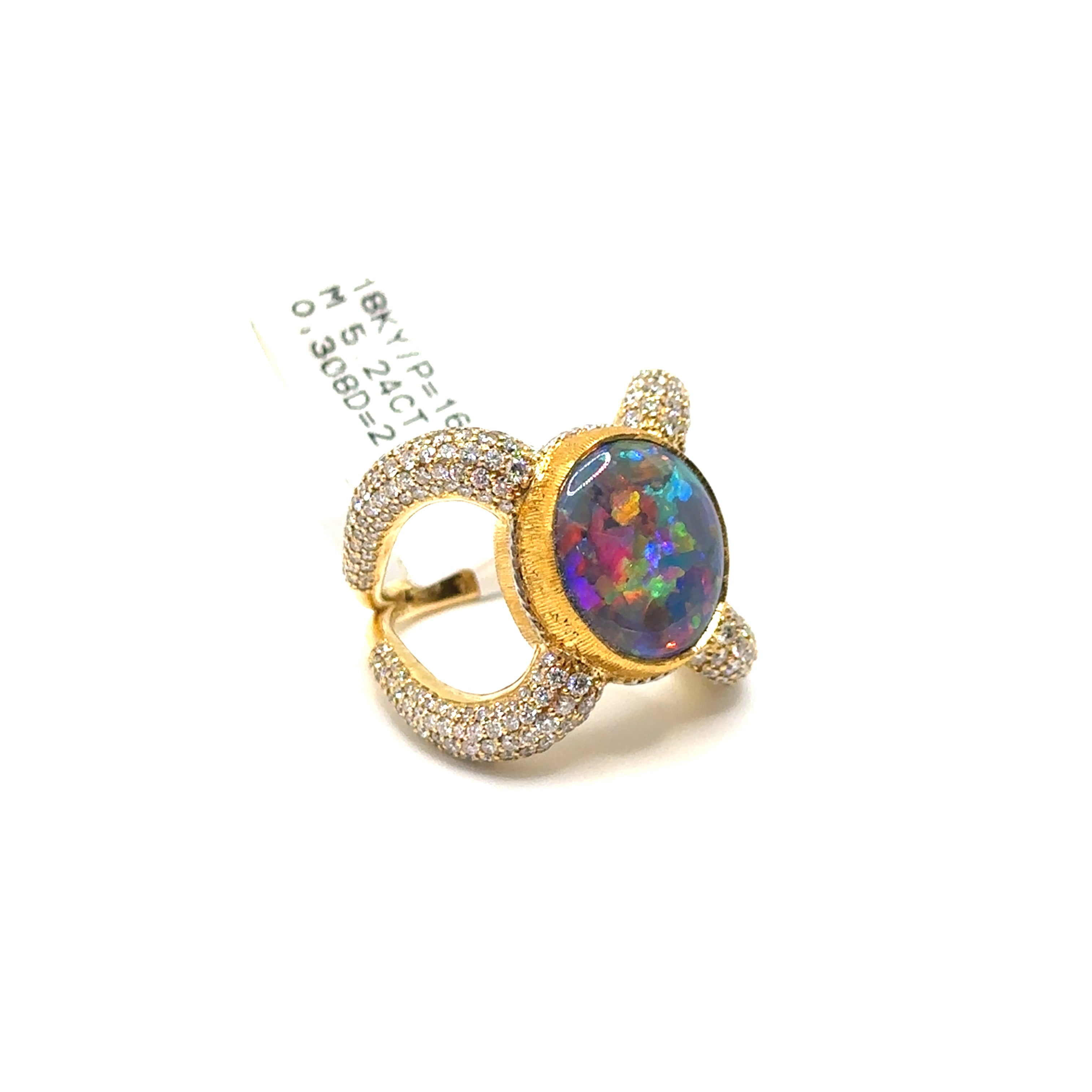 18K Yellow Gold and Platinum Black Opal and Diamond Pave Ring