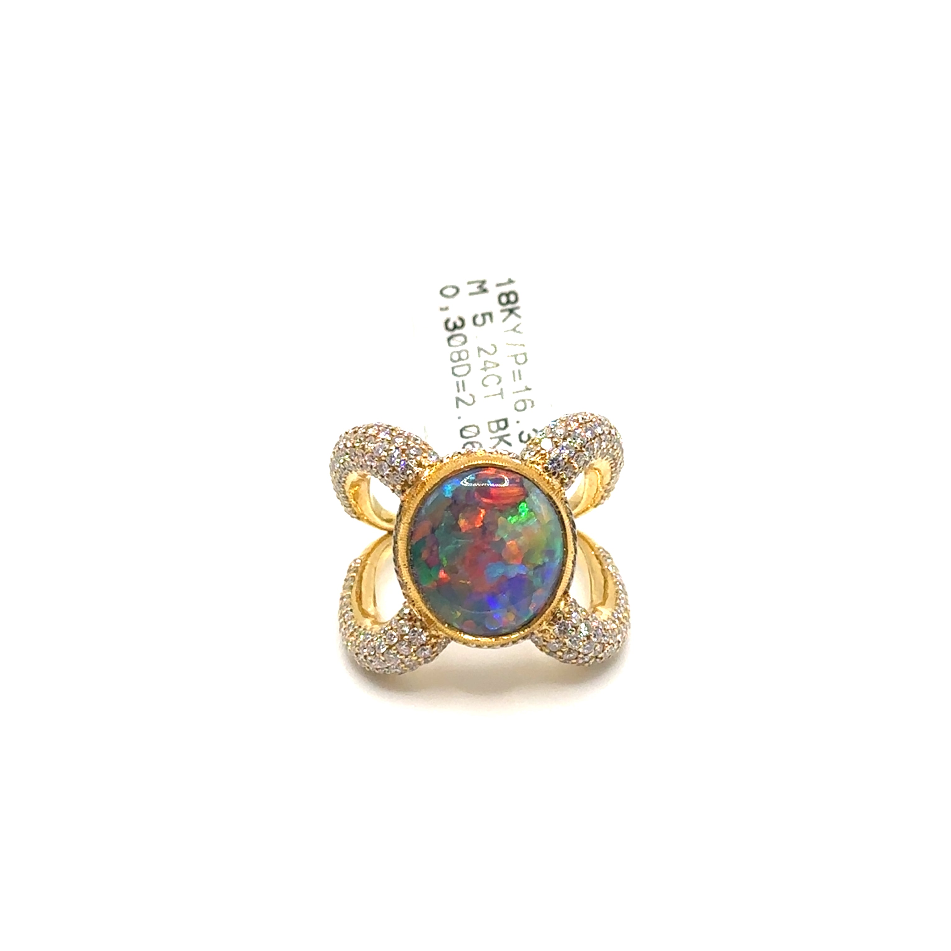 18K Yellow Gold and Platinum Black Opal and Diamond Pave Ring