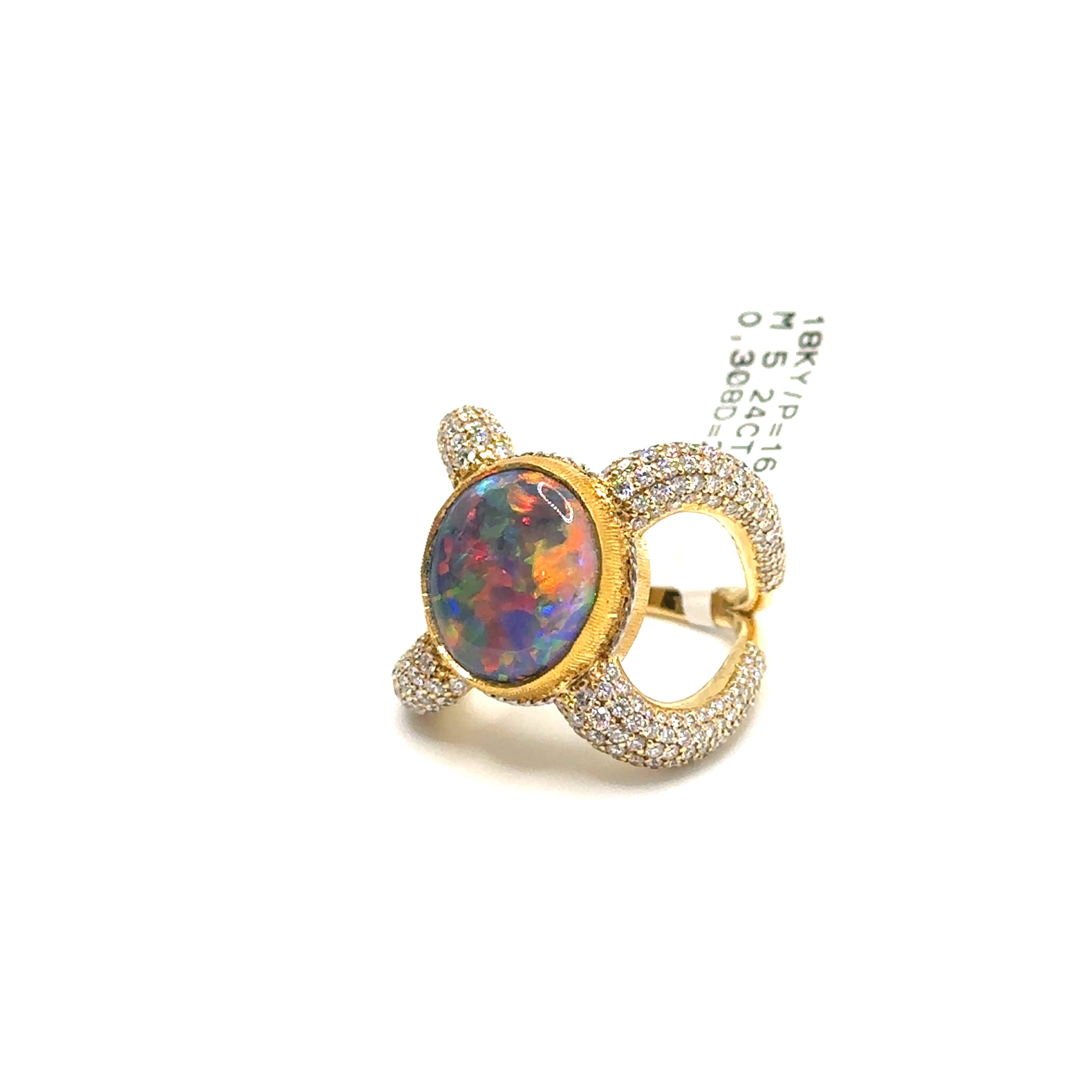 18K Yellow Gold and Platinum Black Opal and Diamond Pave Ring