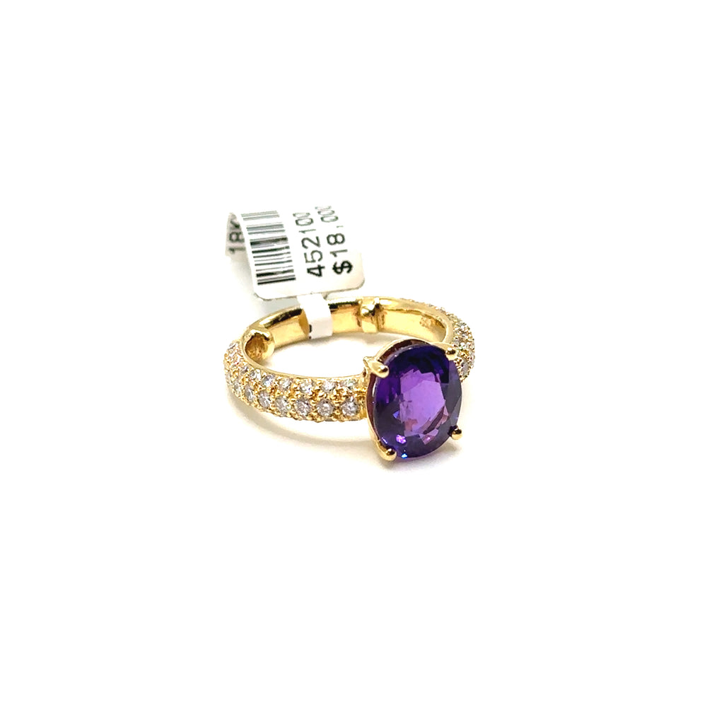 18K Yellow Gold Purple Natural Unheated Sapphire and Diamond Ring