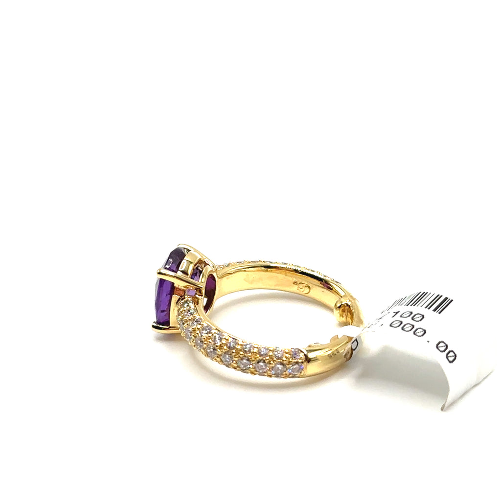 18K Yellow Gold Purple Natural Unheated Sapphire and Diamond Ring