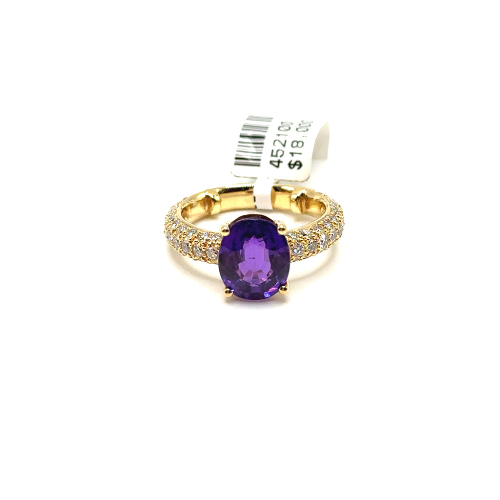18K Yellow Gold Purple Natural Unheated Sapphire and Diamond Ring
